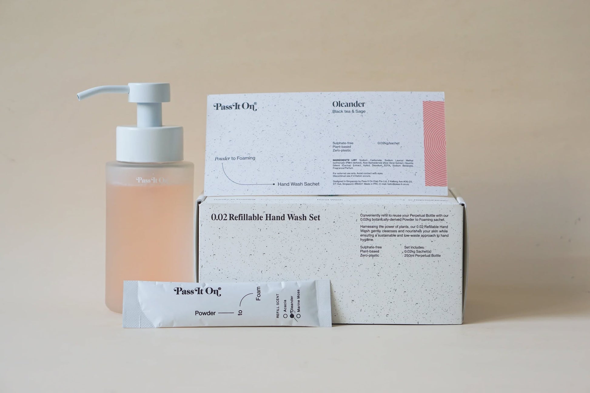 The Pass It On 0.02 Refillable Hand Wash Set, Single Pack - Oleander, features a clear pump bottle, botanically-derived powder sachet, and instruction card, all from Pass It On, arranged against a light background.