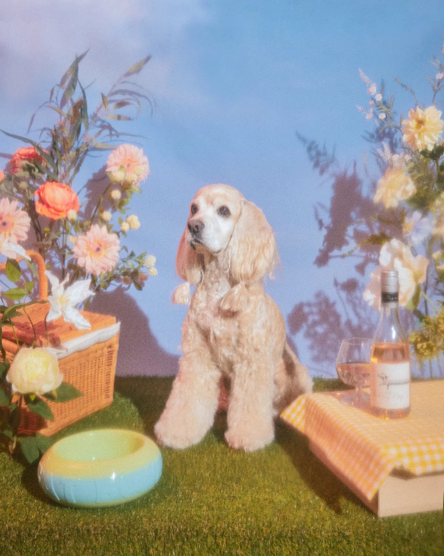 A fluffy, light-colored dog sits on grass among flowers, a picnic basket, a Plastic Ark Fat Bowl by Plastic Ark (made from recycled plastic), a wine bottle, and a glass atop a yellow checkered cloth with a dreamy background.