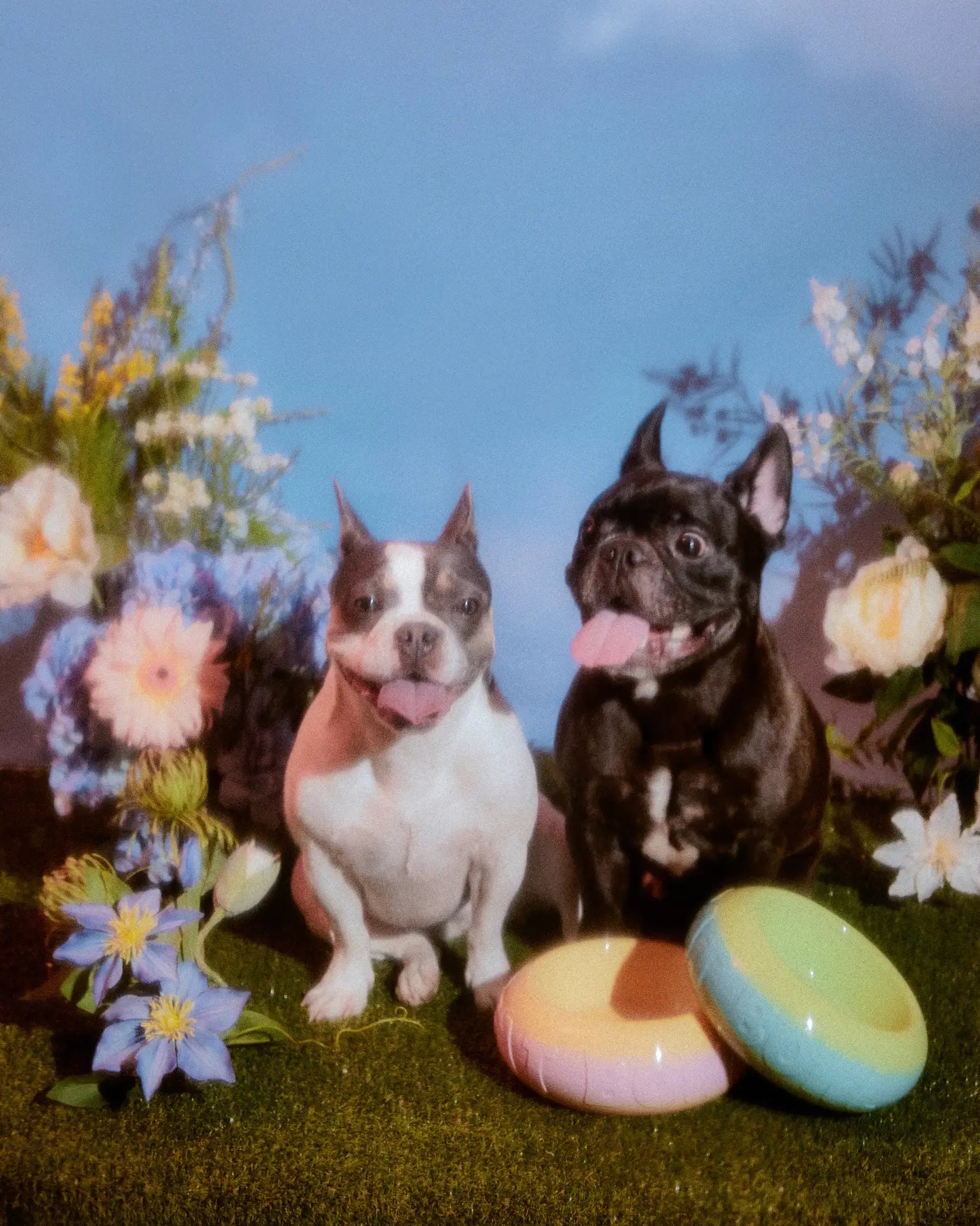 Two small dogs, one white and gray and one black, sit on grass with their tongues out, beside colorful flowers, pastel frisbees, and Plastic Ark Fat Bowls by Plastic Ark made from recycled plastic, against a soft blue background.