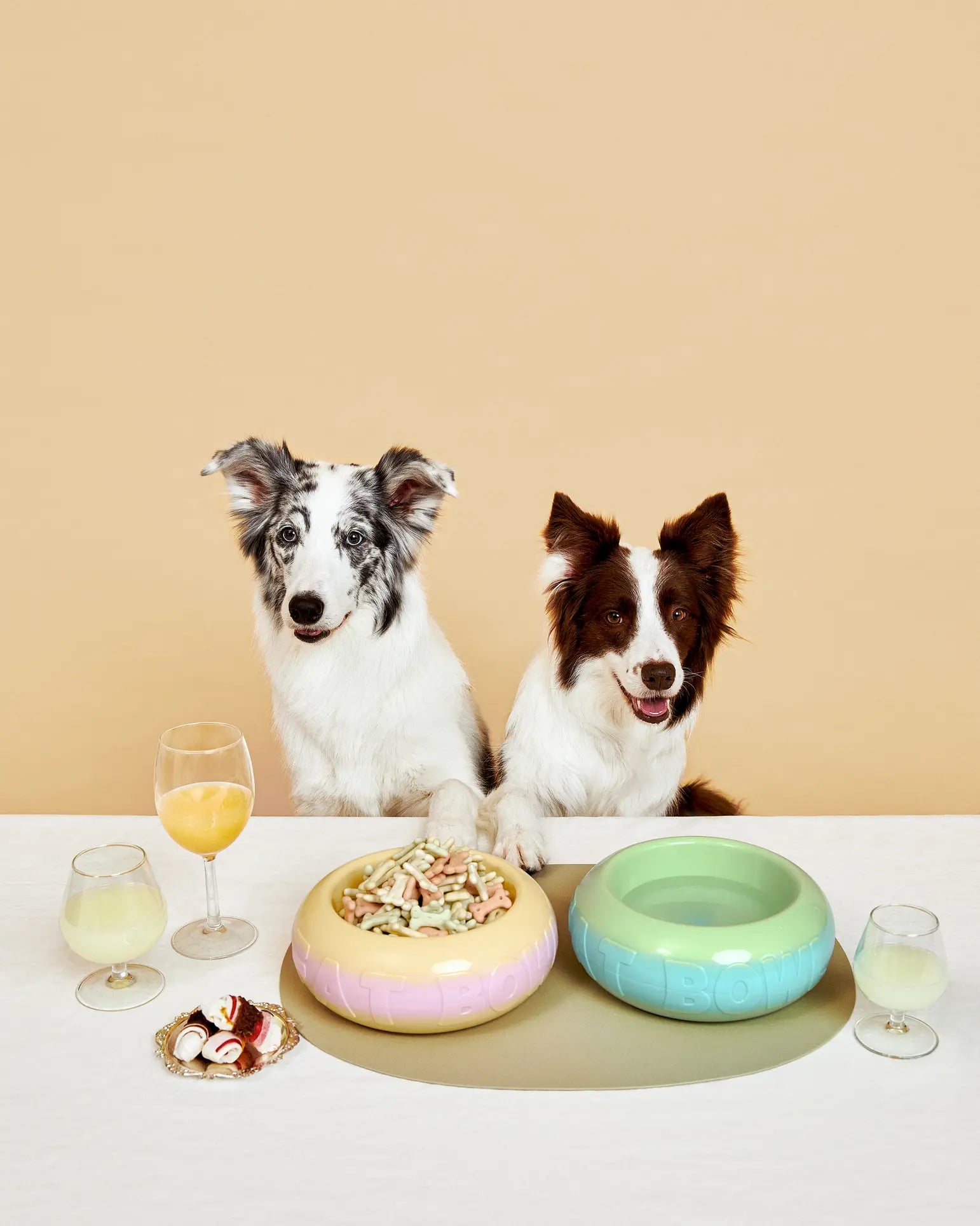 Two dogs sit at a table with pastel Plastic Ark Fat Bowls by Plastic Ark, one filled with kibble and treats. Two glasses of light-colored liquid and dog treats on a small plate are beside them. The background is beige.