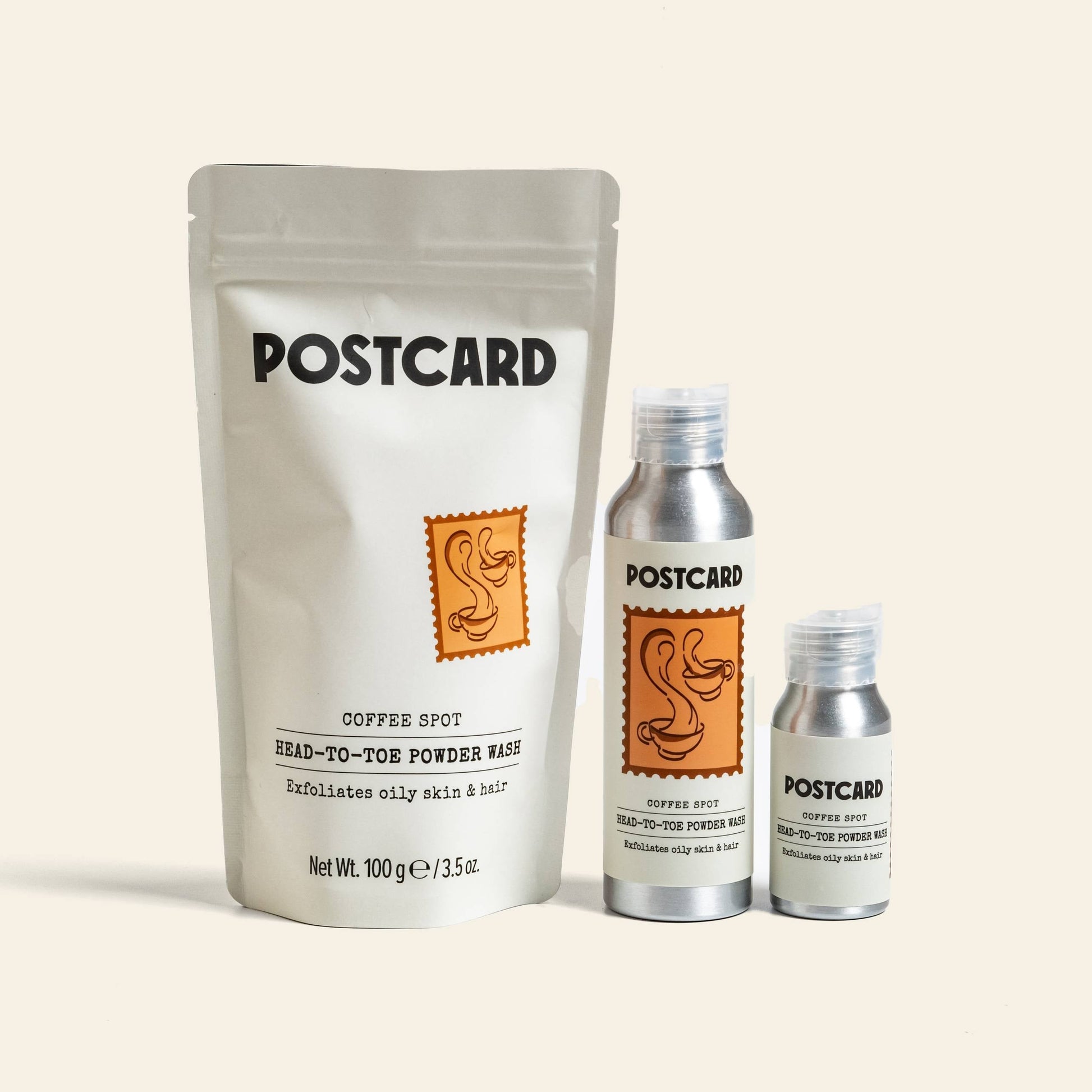 Postcard’s Head-To-Toe Powder Wash, 25g – Coffee Spot comes in a sleek white resealable pouch. This gentle, sulfate-free cleanser transforms from powder to foam and adds a playful touch to your skincare routine.