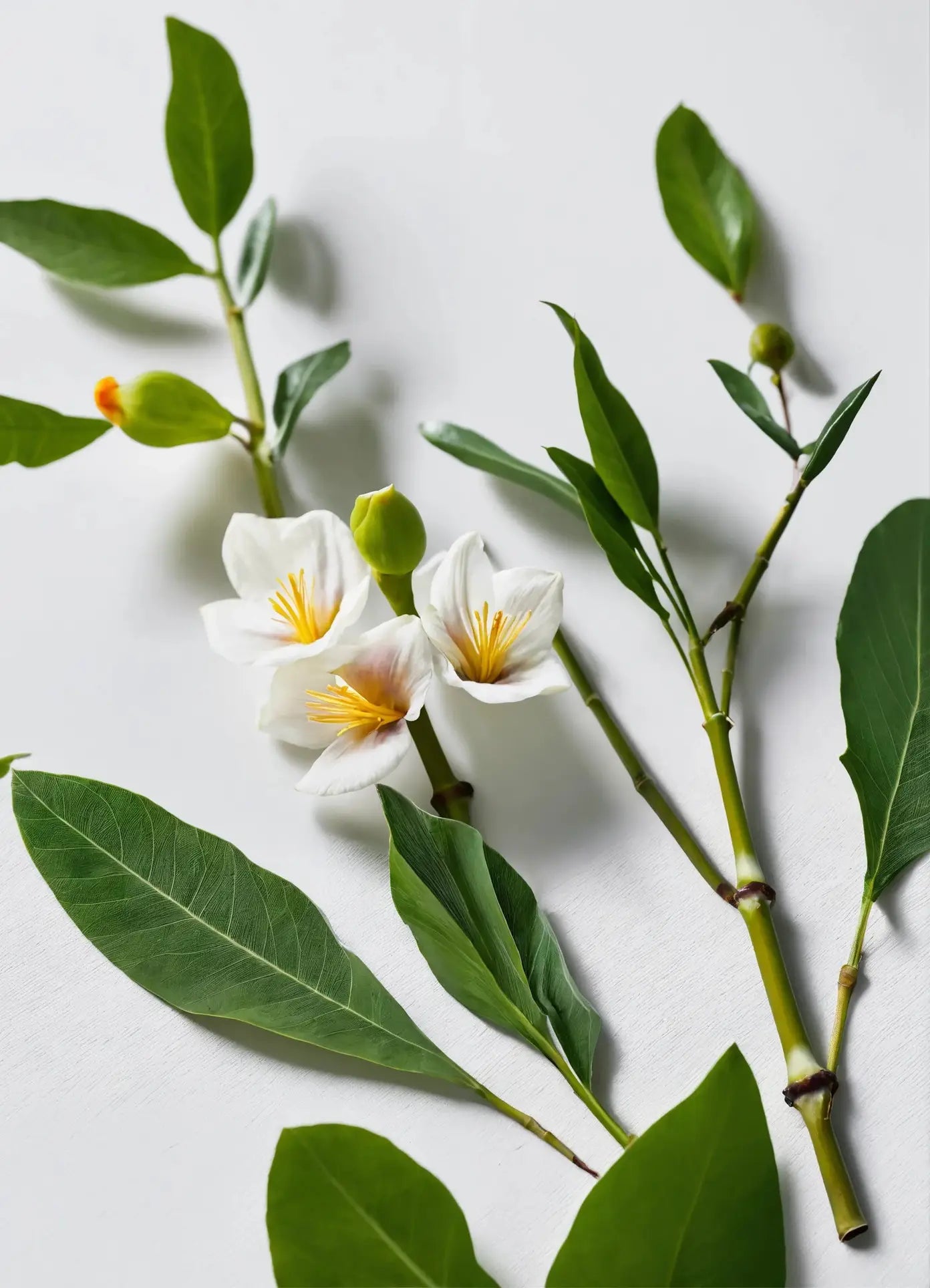 The Reminds Me Of Fig Orchard Candle, 10oz by Reminds Me Of is pictured on a white surface, adorned with two white freesia flowers with yellow centers, green buds, and elongated green leaves.
