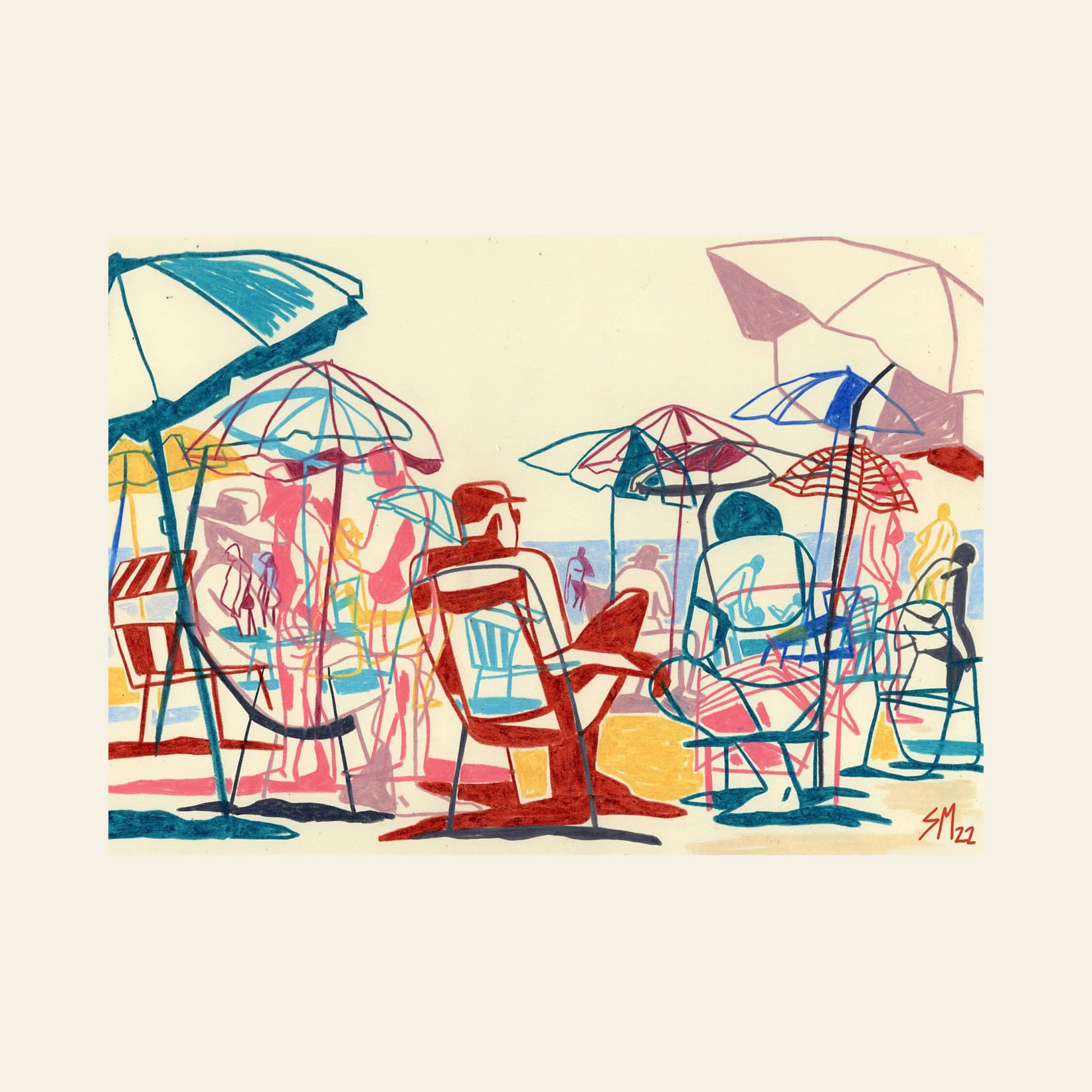 Summer Chaos, Print (Limited Edition Run) by Sarah Mari Shaboyan features a colorful line drawing of people relaxing on an Italian beach. Outlined in red, blue, and pink. Comes with a Certificate of Authenticity.