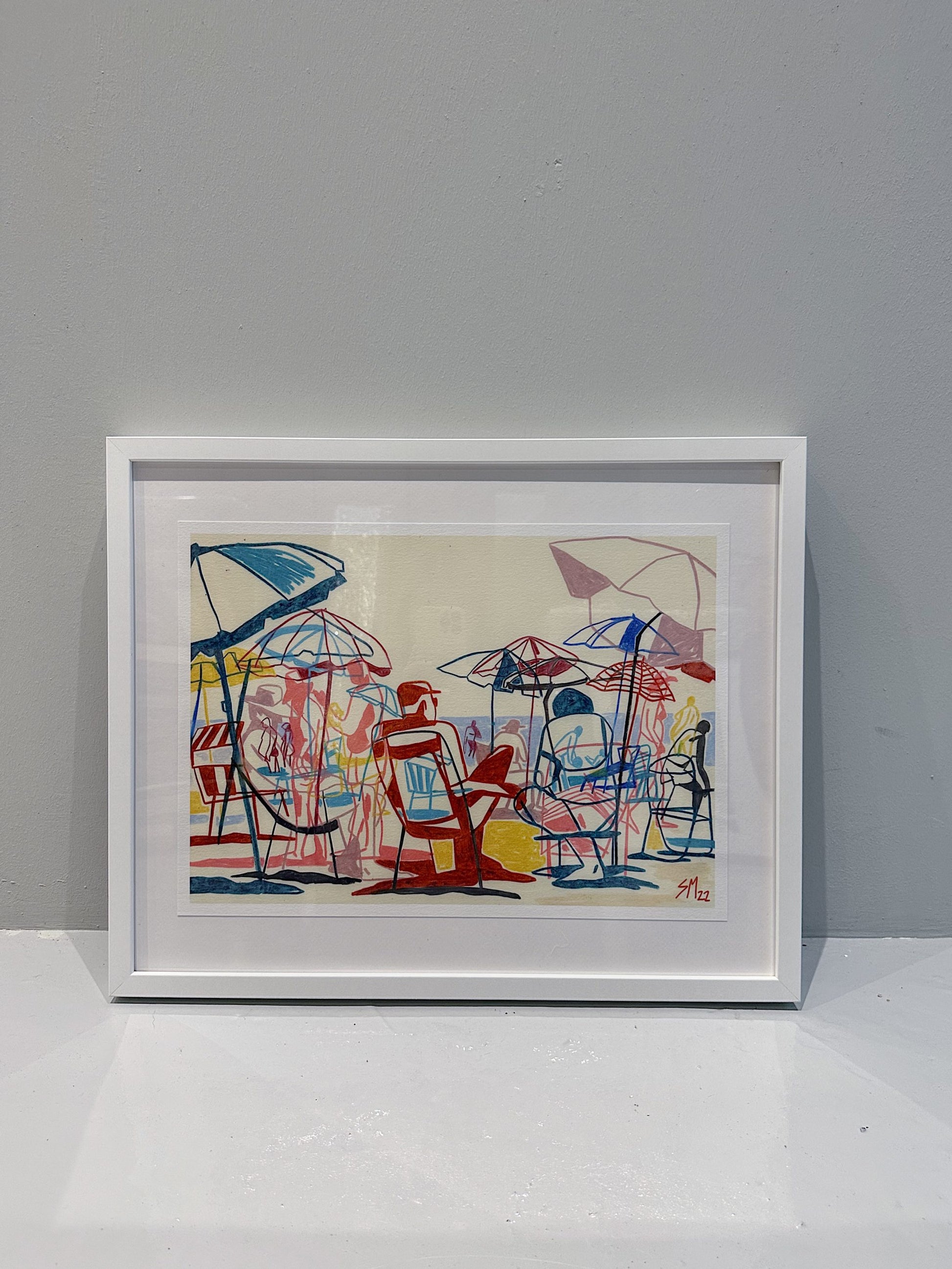 Summer Chaos, Print (Limited Edition Run) by Sarah Mari Shaboyan is a vibrant framed artwork of people under colorful beach umbrellas, evoking an Italian coastal vibe. Includes Certificate of Authenticity. Displayed against a plain gray wall.