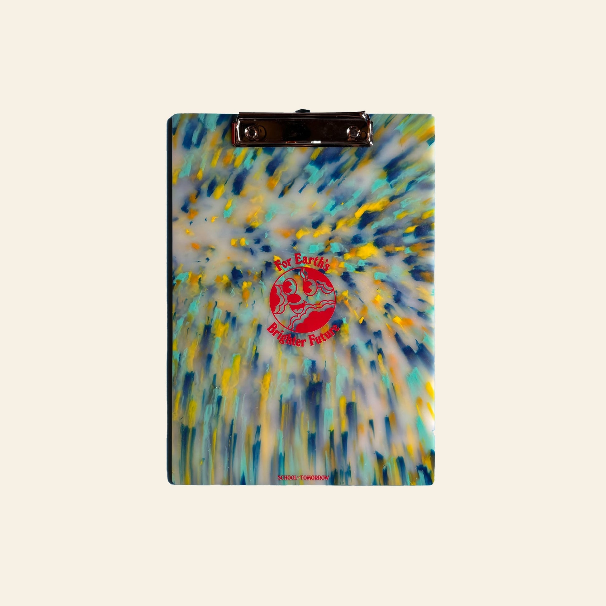 The School of Tomorrow A4 Clipboard - Mercon features a vibrant blue, yellow, and white splatter design with a red Earth graphic and “For Earth, Brighter Future.” Made from durable eco-friendly HDPE plastic.