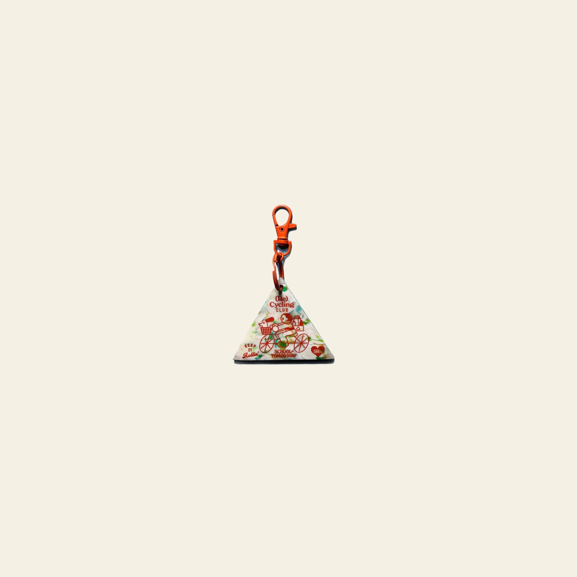 The School of Tomorrow Keychain - White by School of Tomorrow is a triangular HDPE plastic keychain with a red clasp, adorned with festive Christmas gifts, candy canes, and ornaments on a plain background for a greener future.