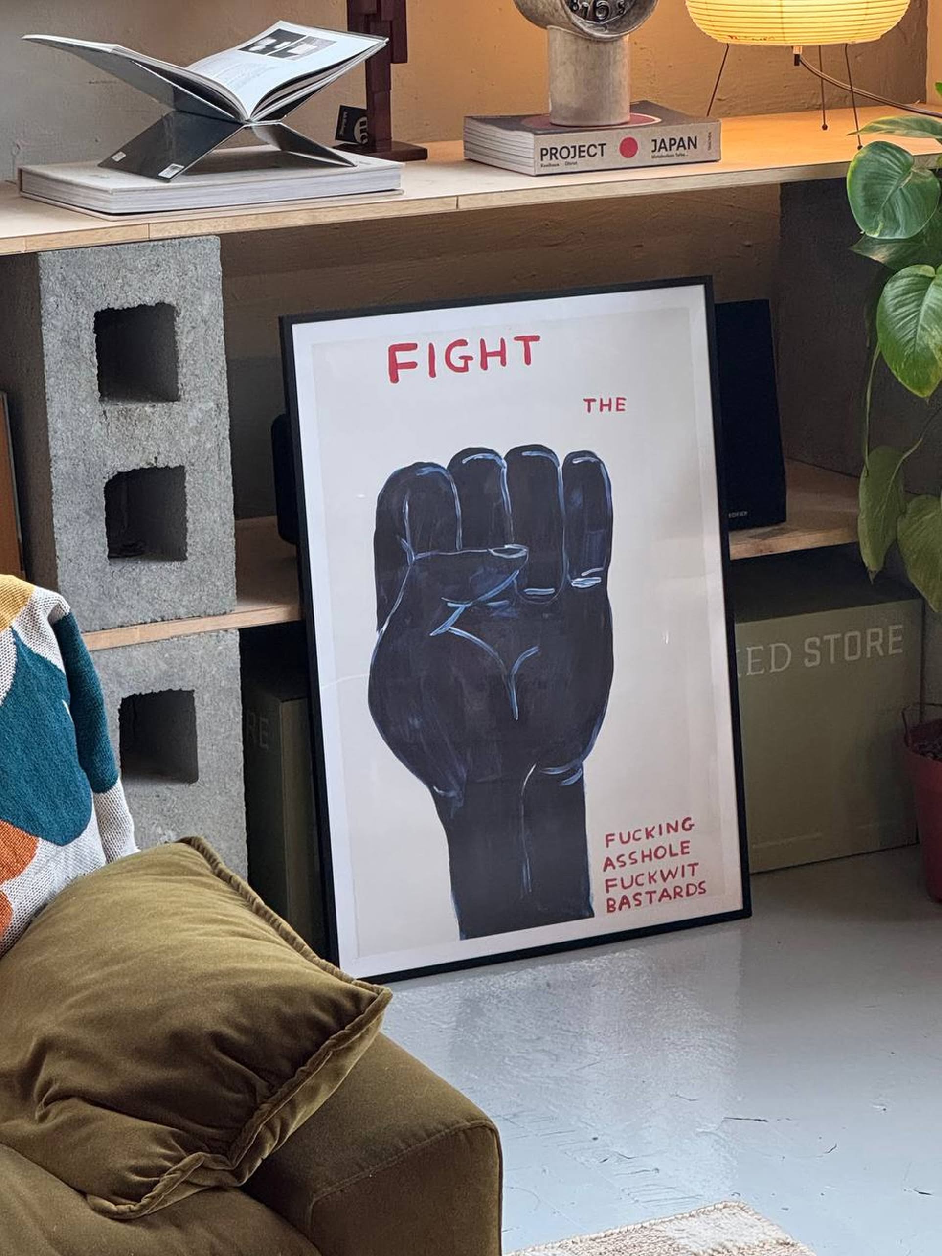 A Shrig Shop David Shrigley - Fight (50x70) poster leans against a shelf in a cozy room, featuring a raised black fist with bold red text and provocative phrases.