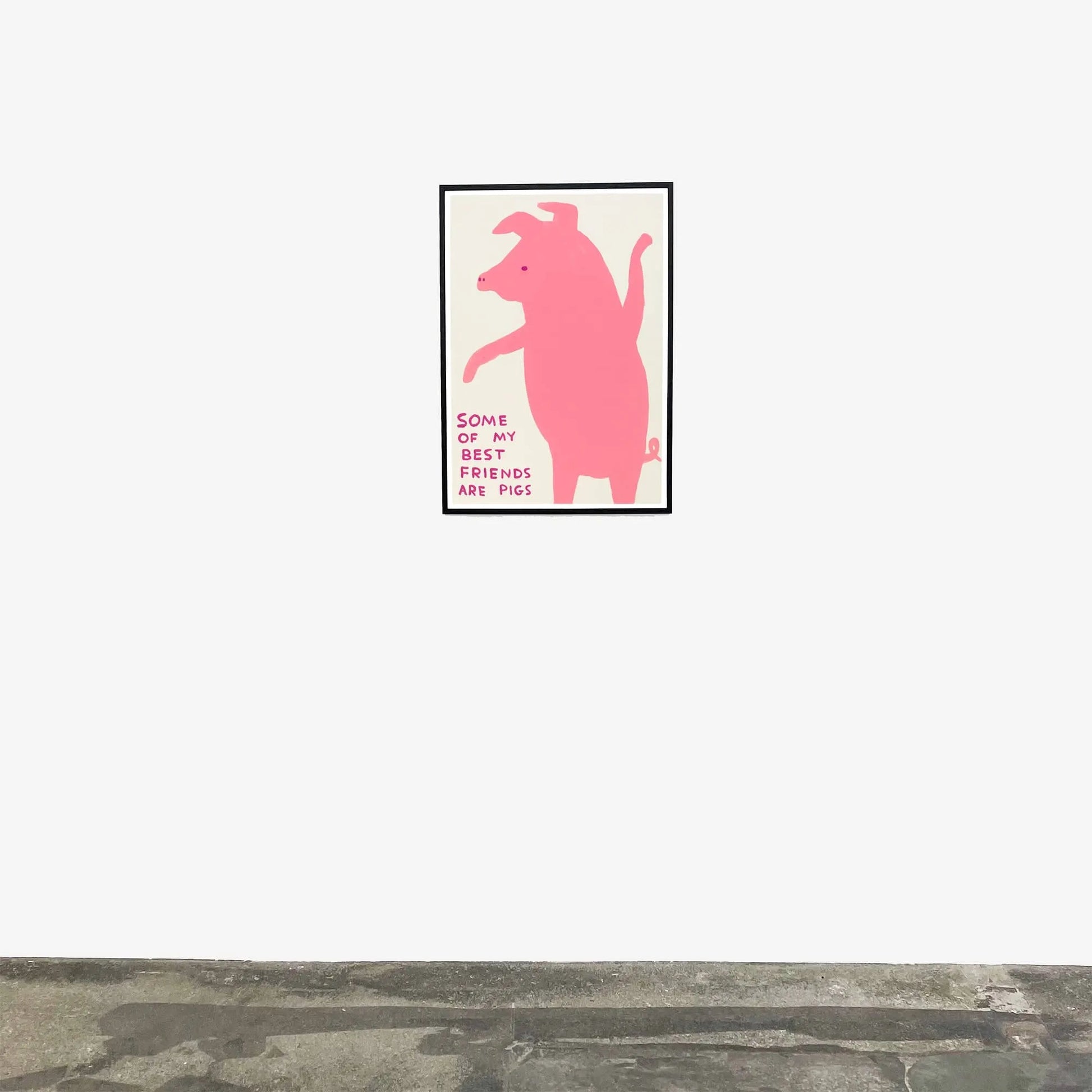 A framed Shrig Shop David Shrigley poster (60x80) hangs on a white wall, featuring a large pink outline of an upright pig and pink text: SOME OF MY BEST FRIENDS ARE PIGS, in the playful style of Shrig Shop.