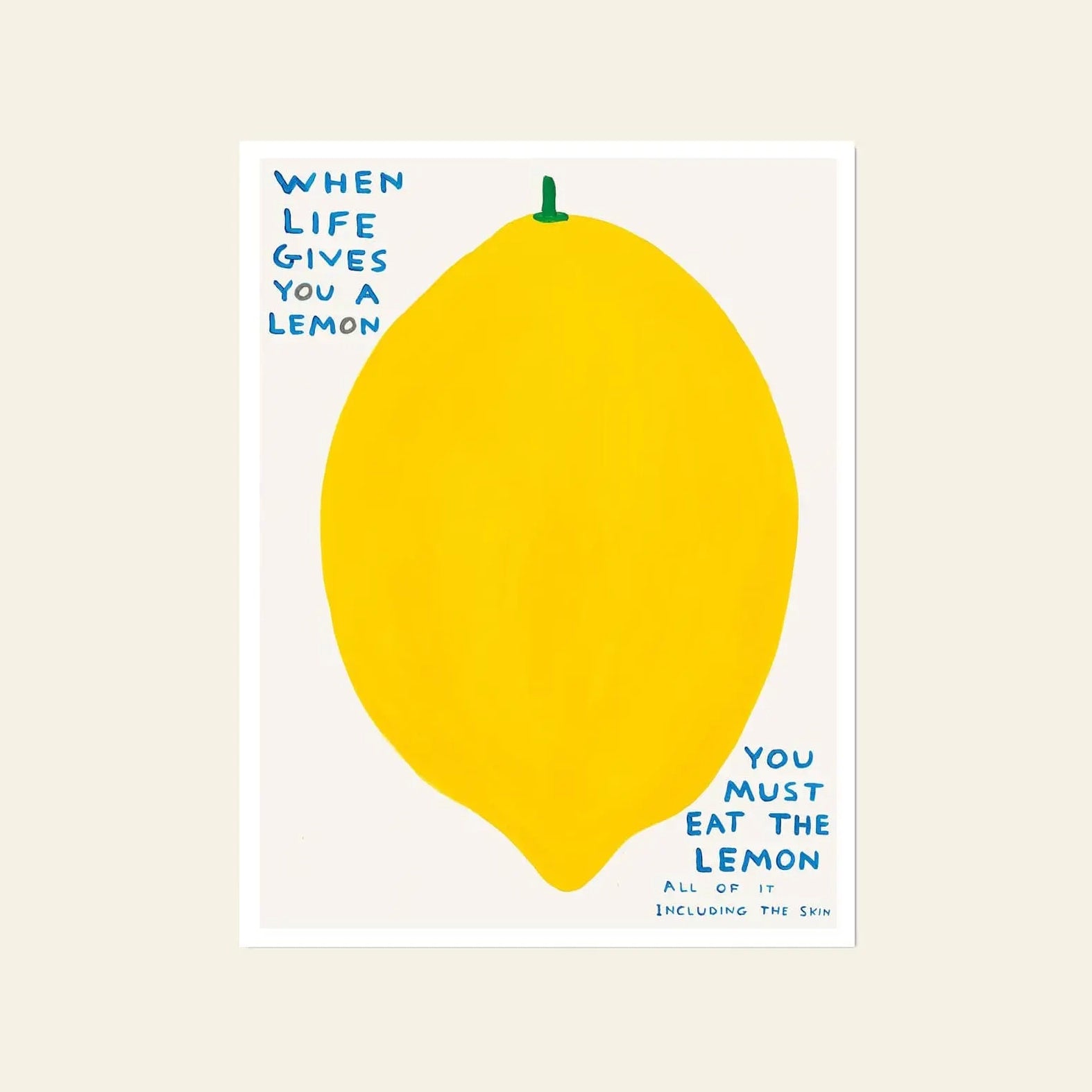 Shrig Shop’s “David Shrigley - When Life Gives You A Lemon (60x80)” poster features a bold yellow lemon and quirky advice in blue text on a white background, echoing Shrigley’s signature style. Available now at Shrig Shop.