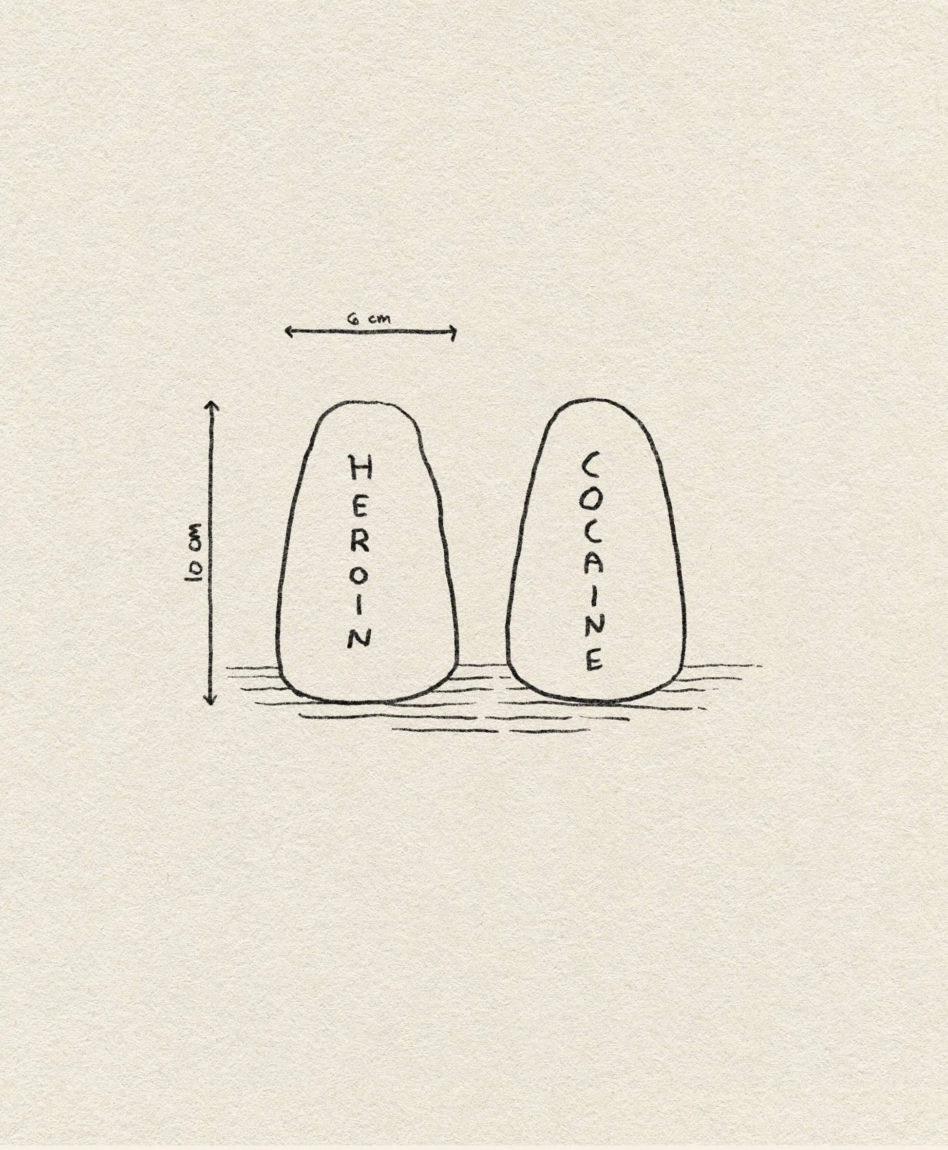 A quirky David Shrigley-style drawing of Shrig Shop Heroin and Cocaine Porcelain Shakers (10 cm tall, 6 cm wide) on a plain background, resembling labeled salt and pepper shakers with measurement arrows.