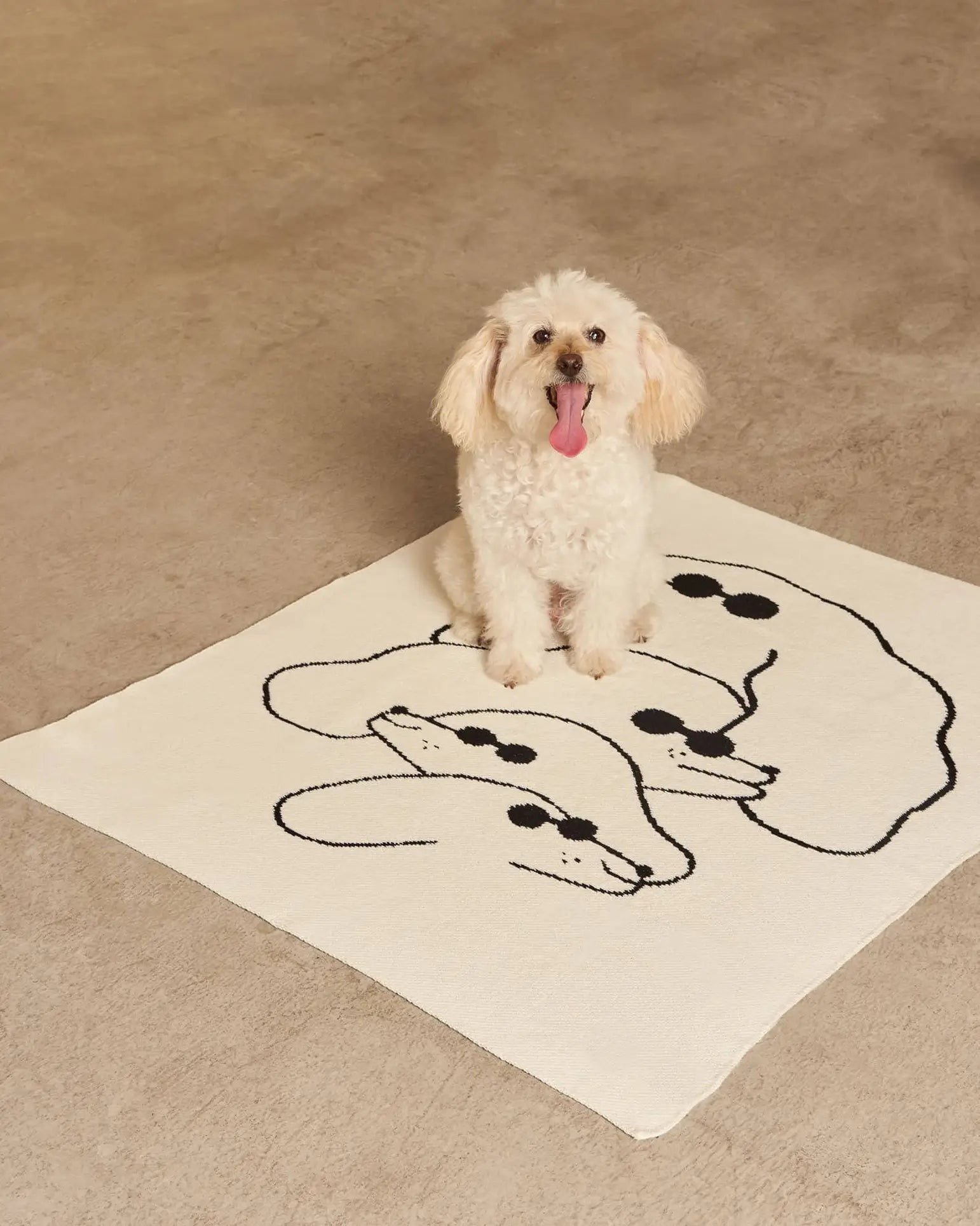 A small, fluffy white dog with curly fur and its tongue out sits on a beige floor atop the Slowdown Studio Dawgs Mini Blanket, made from recycled cotton and featuring abstract black line drawings of dogs’ faces.