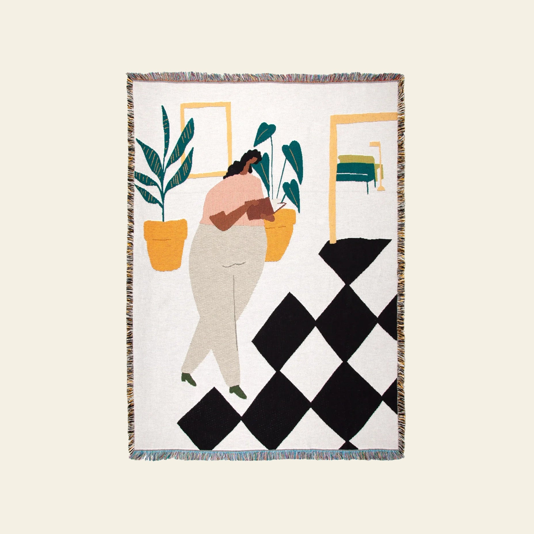 The Slowdown Studio Dresden Throw by Slowdown Studio is a woven textile made from recycled cotton, featuring a person with a bowl on a black-and-white checkered floor, potted plants, and two doorways in the background.