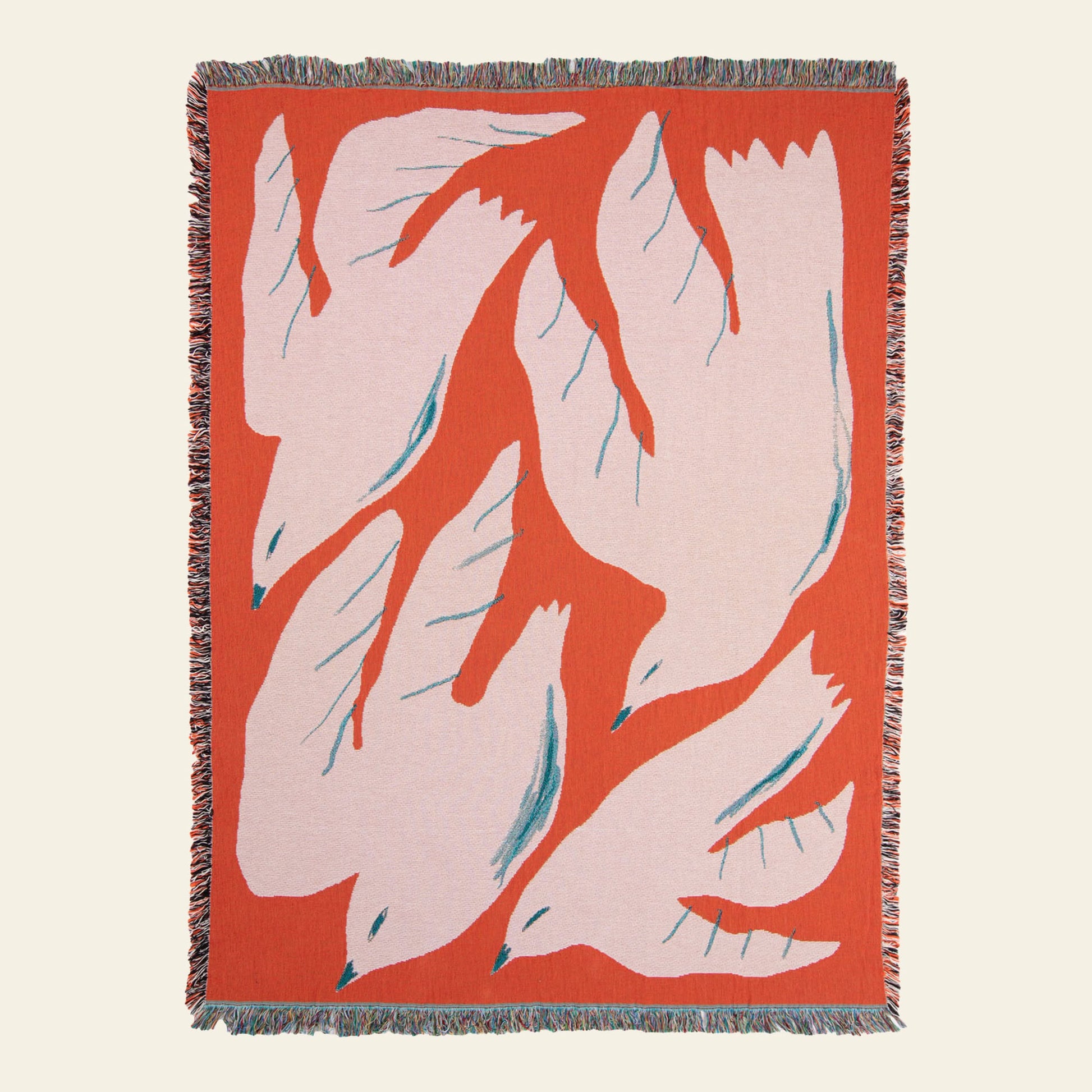 The Slowdown Studio Passaro Throw is a woven blanket by Slowdown Studio, made from recycled cotton and featuring a bold red border, fringe edges, and an abstract design of four white birds with blue accents.