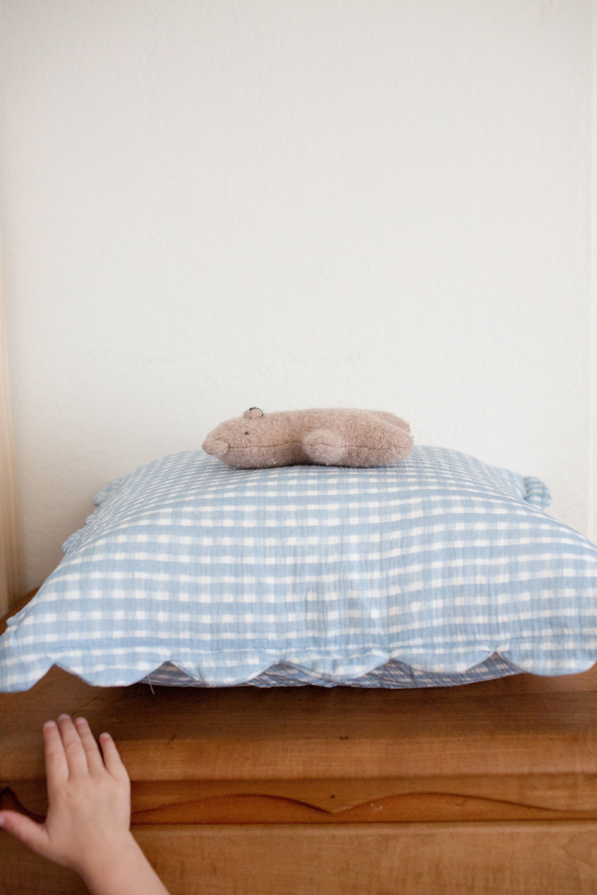 A small plush bear sits on a blue-and-white checkered pillow with Soft Spot Soft Petal Cushion Covers, Set of 2, from Soft Spot atop a wooden surface as a child’s hand reaches in from the lower left corner.