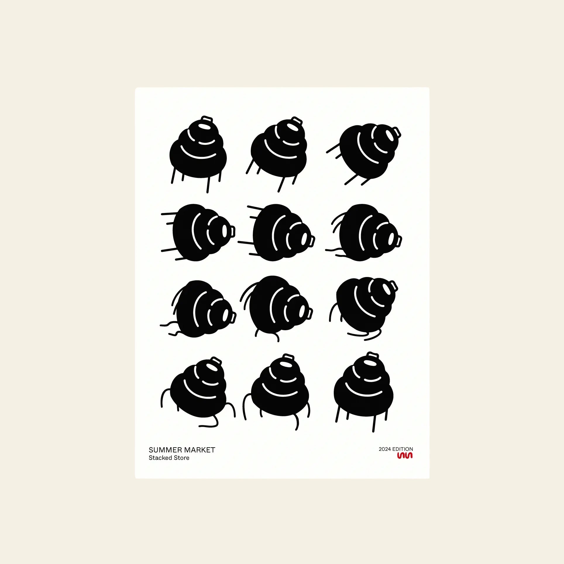 The Stacked Store Summer Market 2024 Edition Poster showcases minimalist elegance with a 3x4 grid of black croissants on white, featuring “Summer Market Stacked Store” and “2024 Edition Una.” for a refined touch.