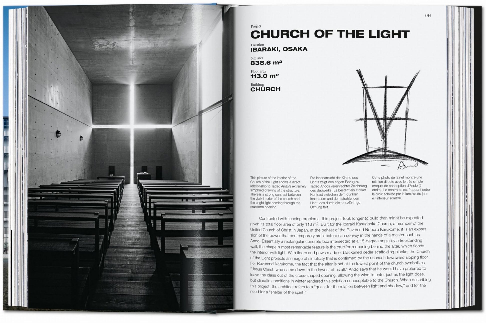 A spread from TASCHEN Ando: Complete Works 1975-Today (40th Edition) shows a black-and-white photo of the minimalist Church of the Light, Osaka, plus text and sketches illustrating Tadao Ando’s Modernist simplicity.