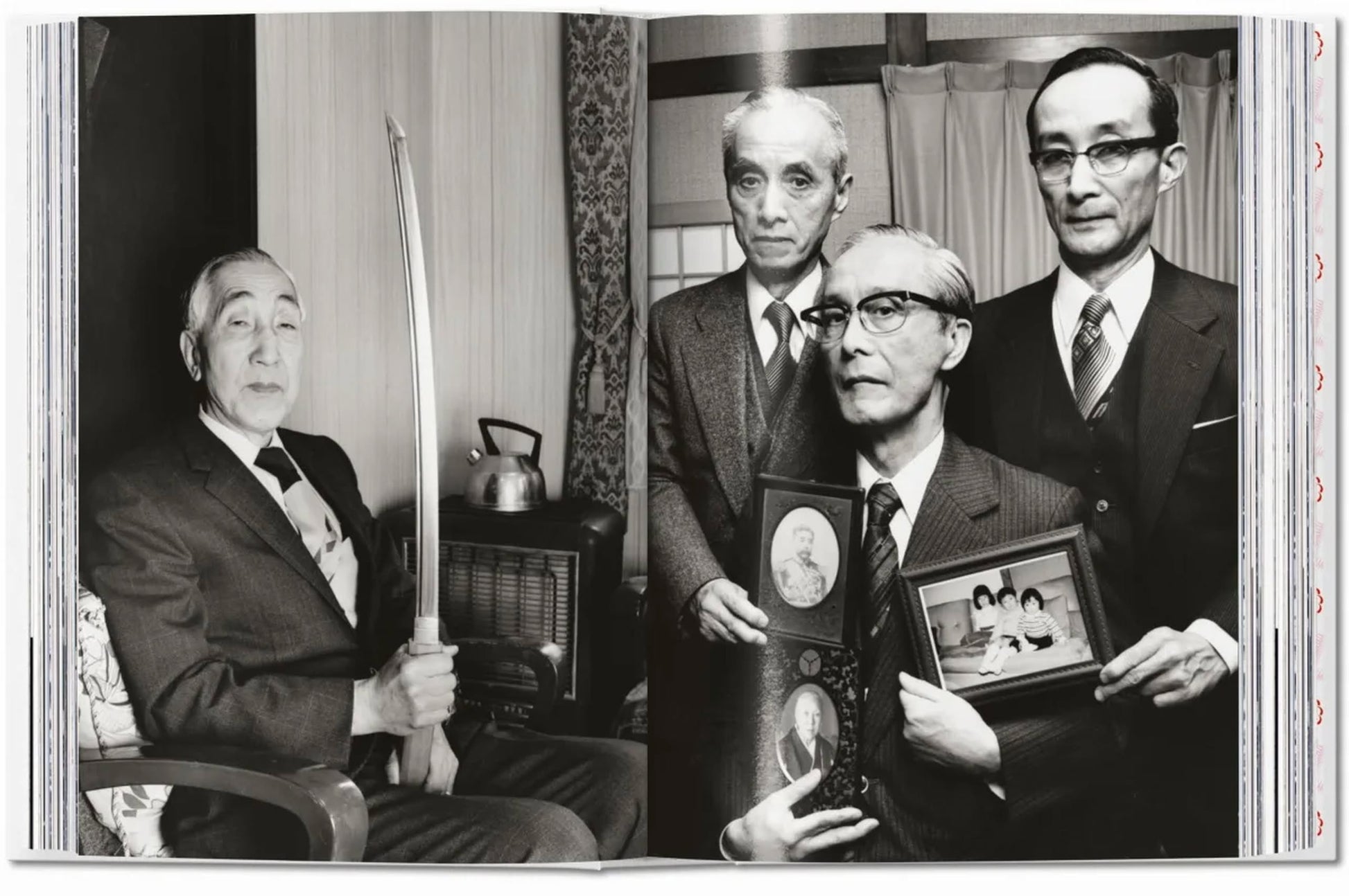 Four elderly men in suits pose in a traditional Japanese room—one seated with a sword, others standing with framed photos—in an iconic scene evoking Nobuyoshi Araki’s artistry, as featured in TASCHEN Araki (40th Edition) by TASCHEN.