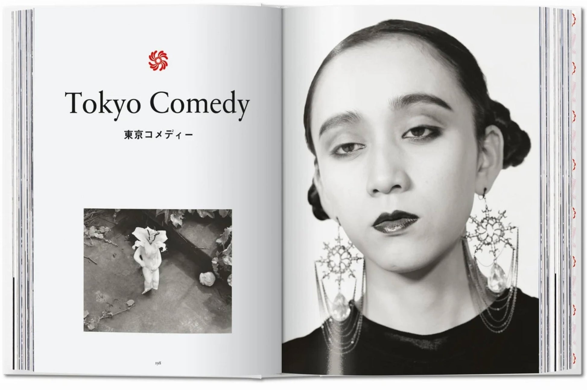 An open spread from the TASCHEN Araki (40th Edition) by TASCHEN shows Japanese text and a small black-and-white photo on the left, while the right page features an iconic portrait of a woman with bold earrings and dark lipstick.