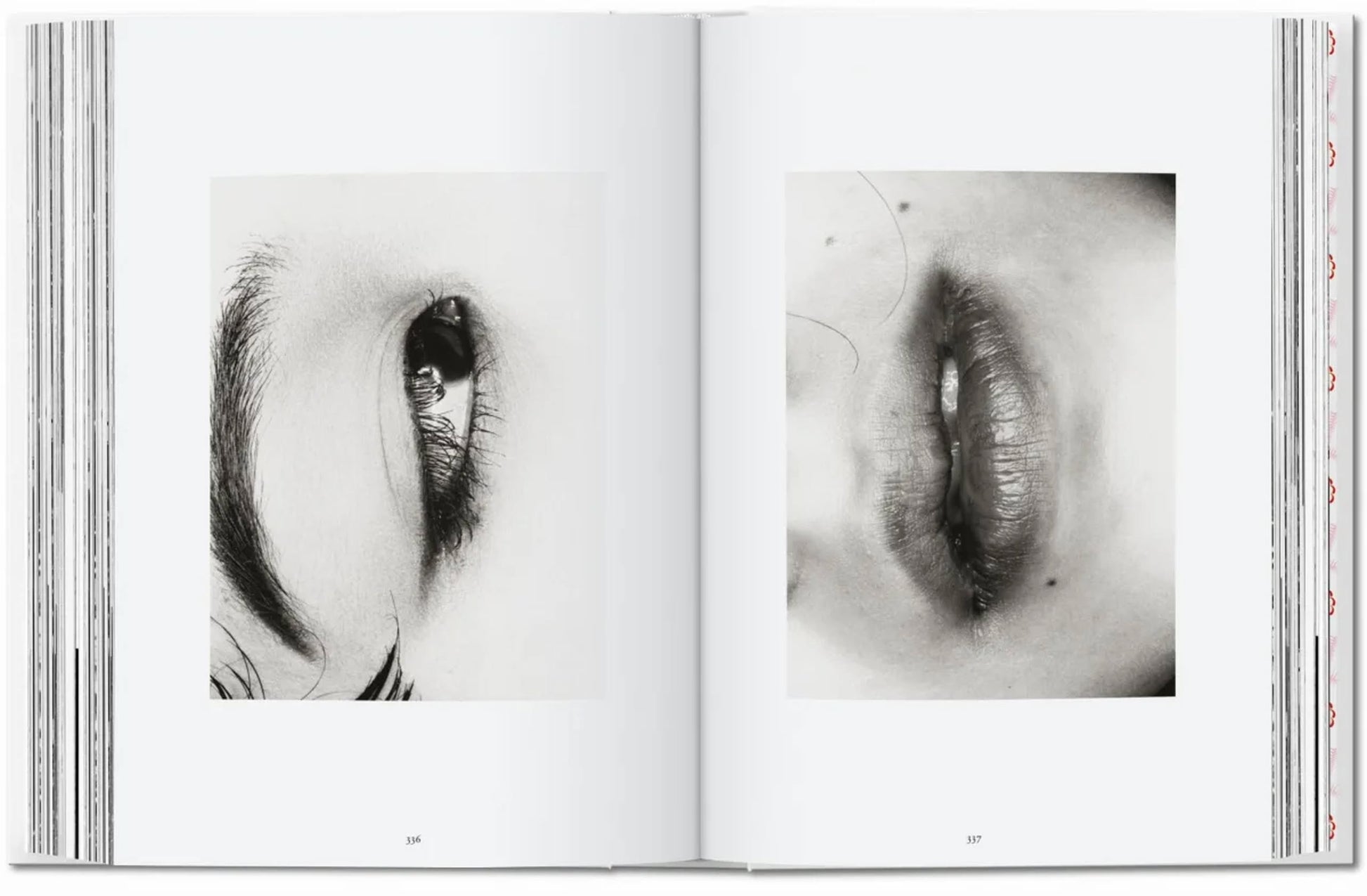 The TASCHEN Araki (40th Edition) book by TASCHEN features black-and-white close-up photos: one of an eye with an eyebrow and another, reminiscent of Nobuyoshi Araki’s style, showing lips, a cheek, and strands of hair.