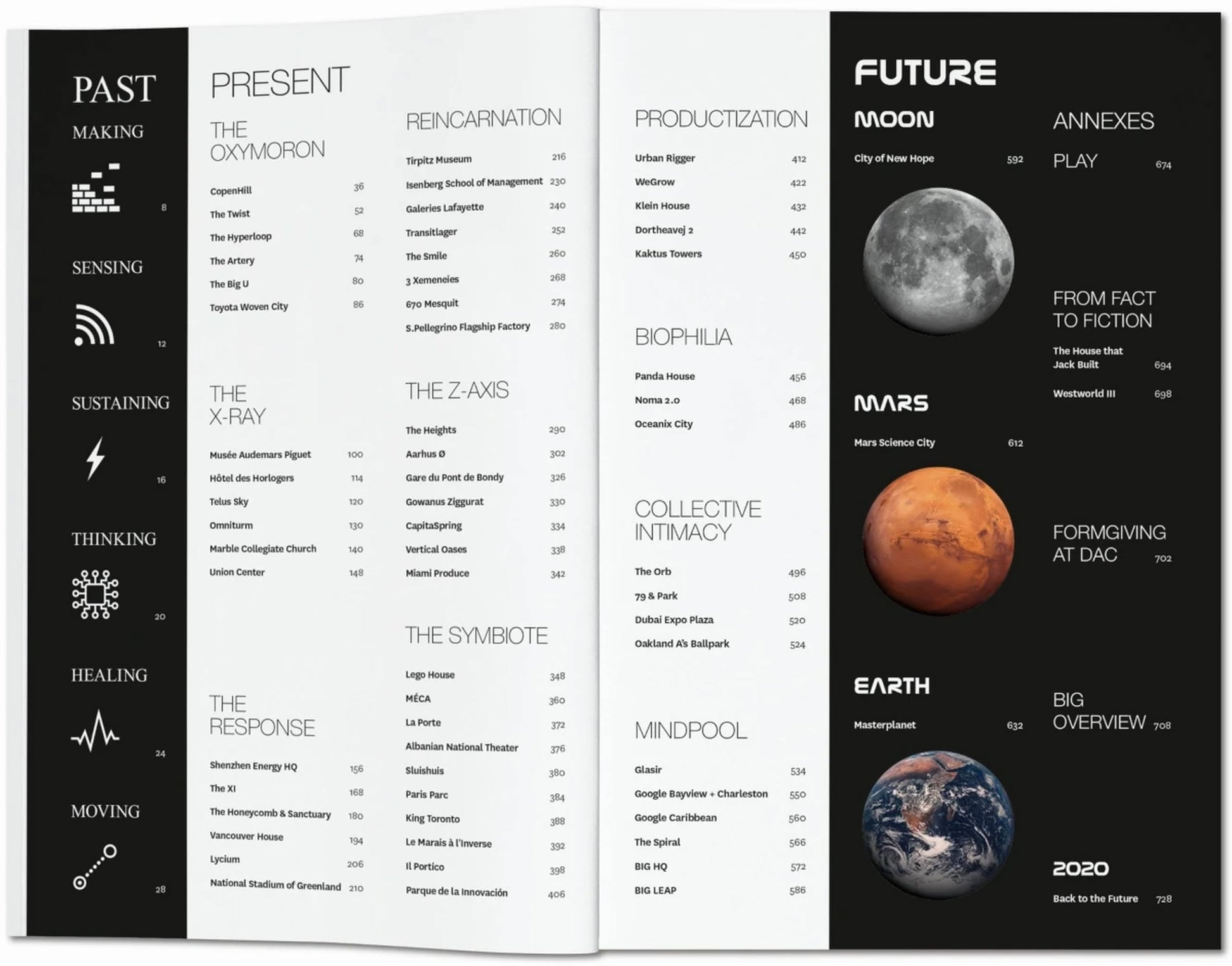 A two-page spread from TASCHEN BIG. Formgiving. An Architectural Future History features sections on Past, Present, Reincarnation, Productization, and Future—covering architecture and interplanetary migration—with images of the moon, Mars, and Earth.