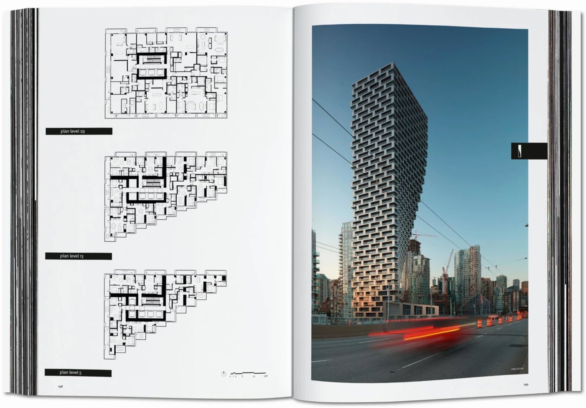 In TASCHEN BIG. Formgiving. An Architectural Future History by TASCHEN, an open book reveals three architectural floor plans on the left and a photo of a modern, sustainable high-rise at sunset on the right.
