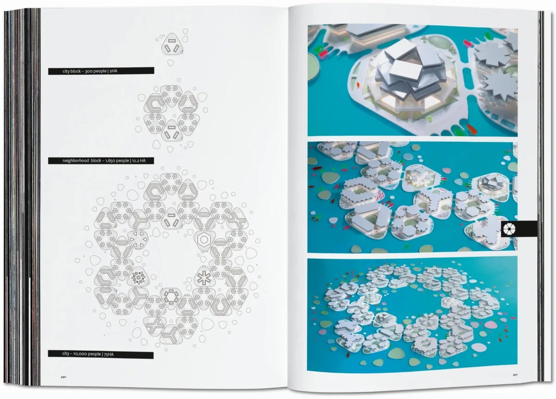 TASCHEN BIG. Formgiving. An Architectural Future History features spreads with city layout diagrams opposite photos of blue and white circular architecture models, showcasing sustainable innovation by TASCHEN.