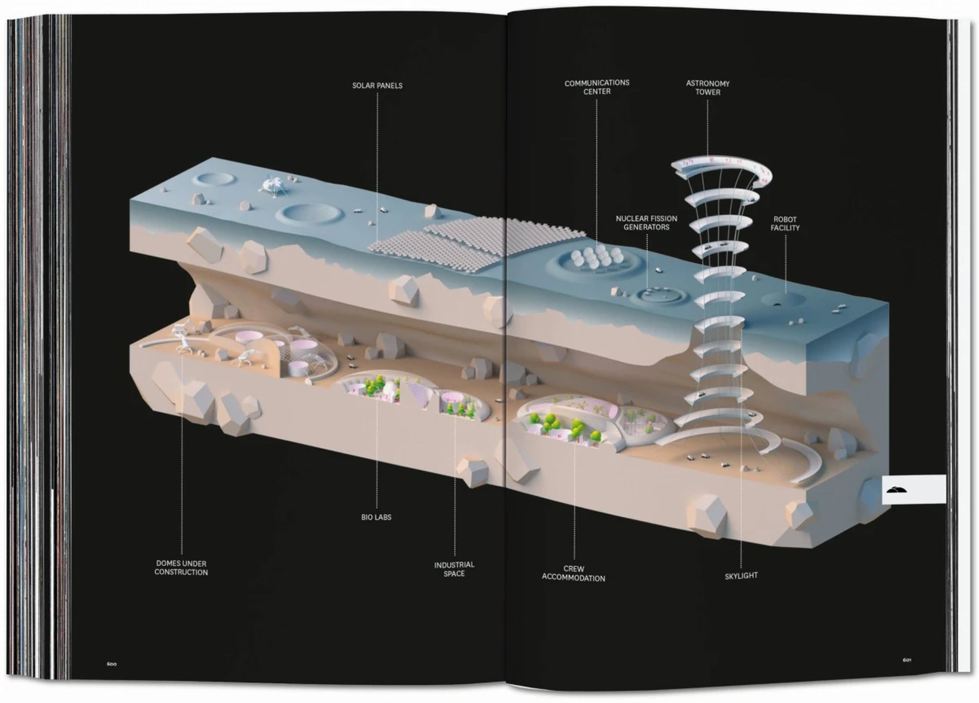 Explore the TASCHEN BIG. Formgiving. An Architectural Future History book for a cross-section diagram of an underground lunar base, featuring labeled elements like solar panels, residential zones, astronaut tower, and bio labs.