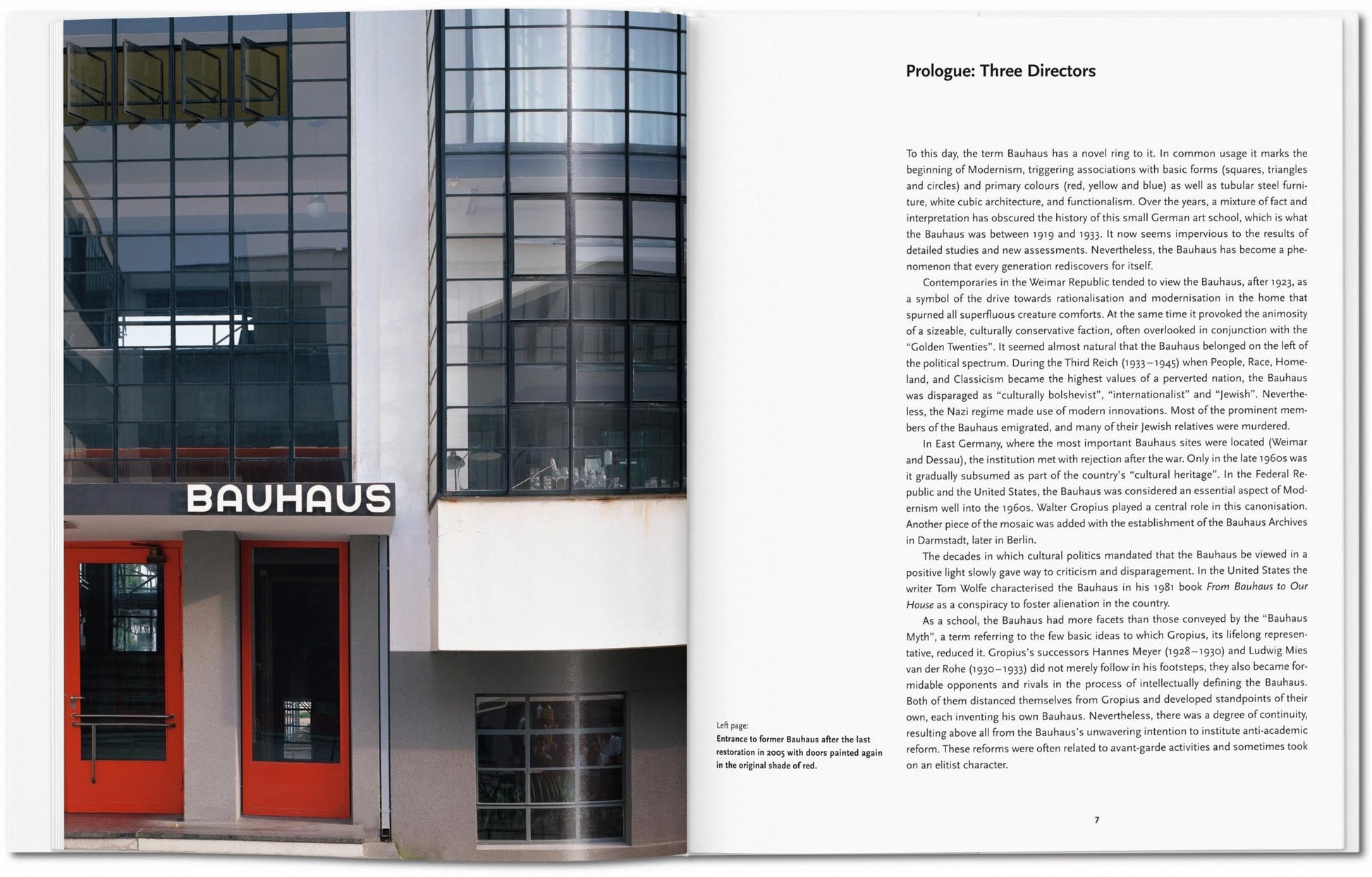 Photo of the Bauhaus building’s entrance with red doors; on the right, TASCHEN Bauhaus by TASCHEN opened to “Prologue: Three Directors,” describing modern history and creative expression at the Bauhaus art school.