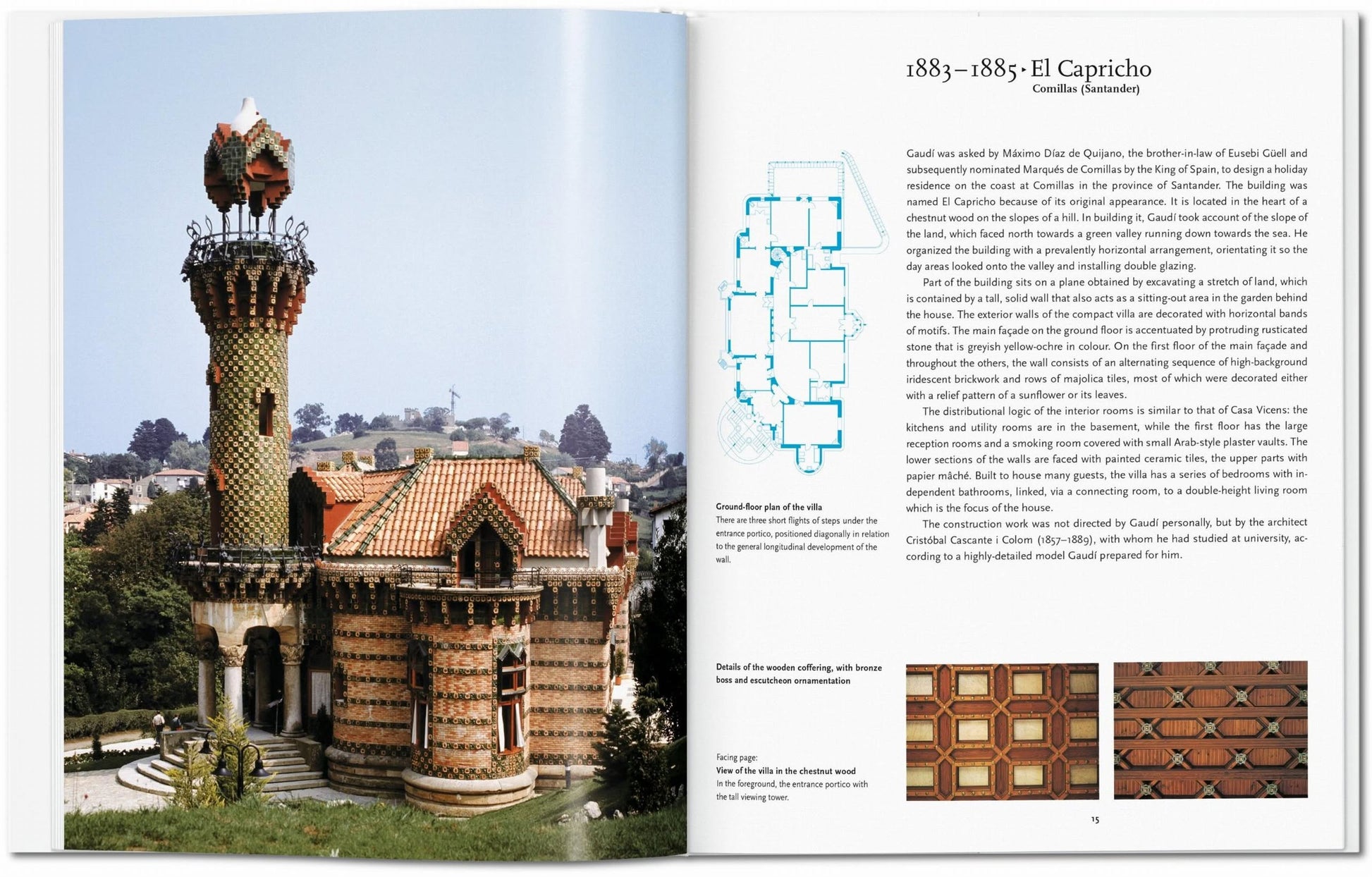 The TASCHEN Gaudí book by TASCHEN opens to a photo of El Capricho’s tower, with Antoni Gaudí’s designs, alongside a page featuring text, a floor plan, and decorative tile illustrations detailing its architectural history.