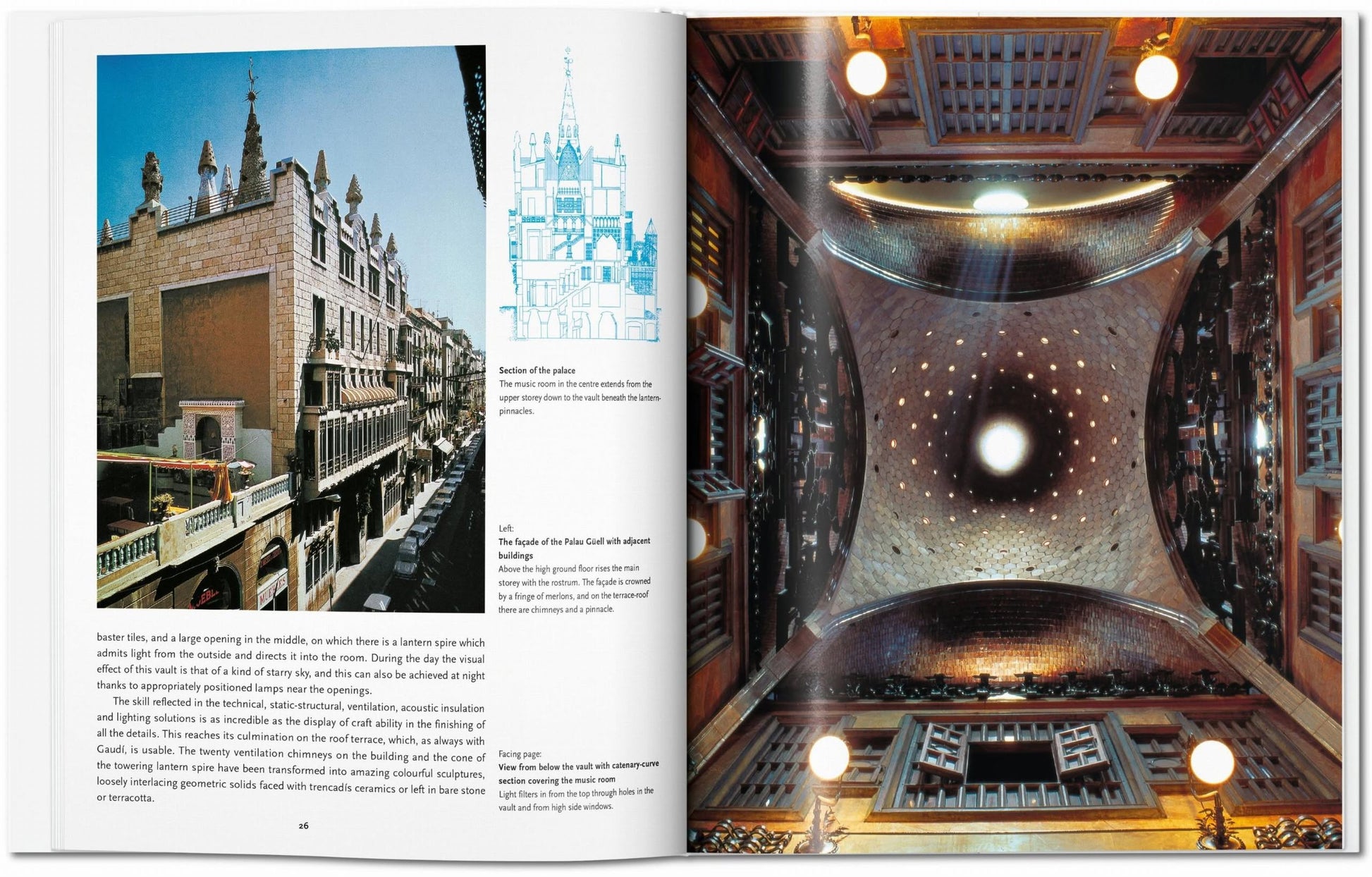 An open TASCHEN Gaudí book displays a photo and blueprints of a historic building on the left page, and on the right, an upward view of an ornate domed ceiling—showcasing visionary designs from TASCHEN.