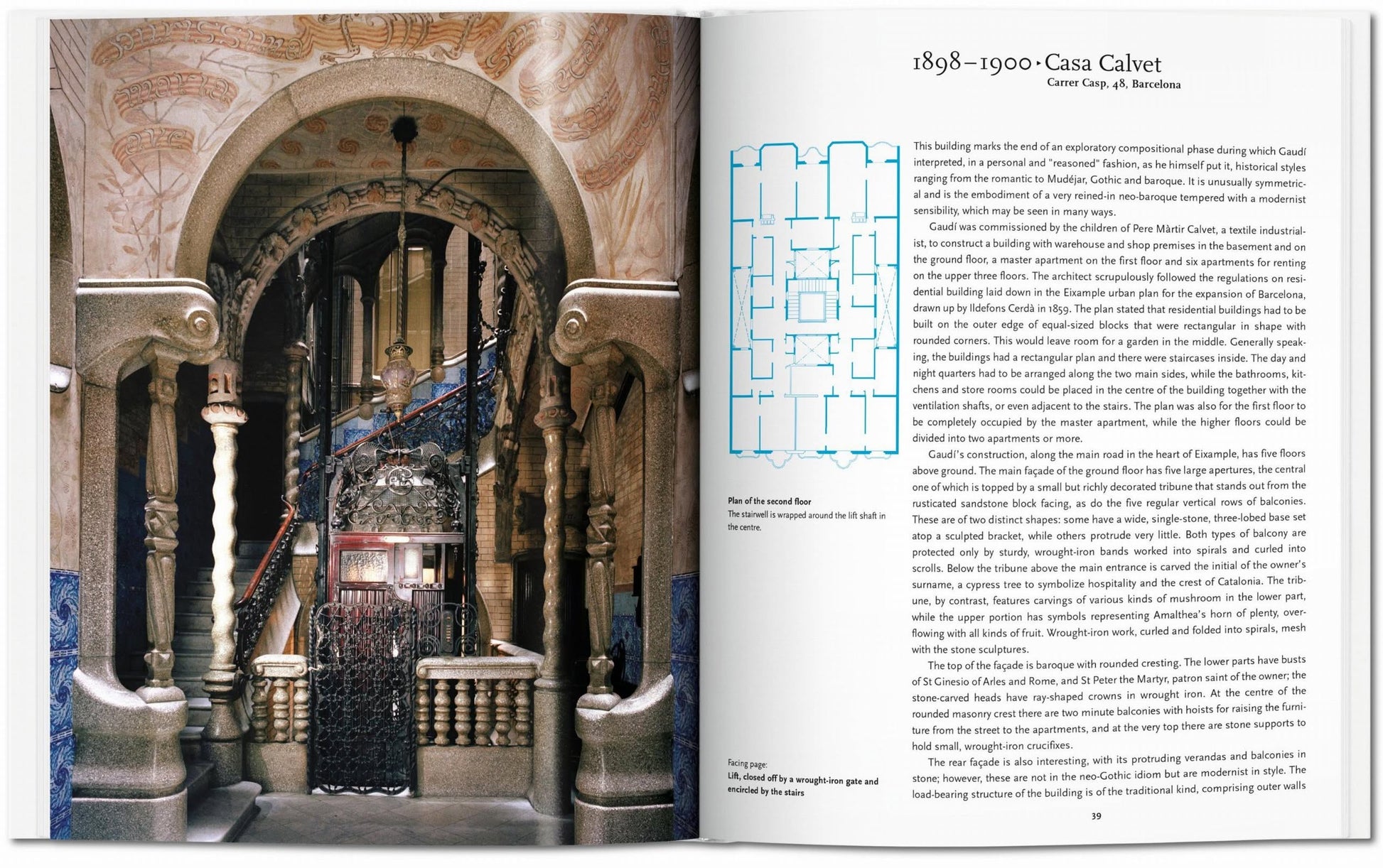 An open TASCHEN Gaudí book displays a photo of Casa Calvet’s ornate entrance in Barcelona on one page, with detailed architectural plans, text, and Antoni Gaudí’s visionary designs on the other.