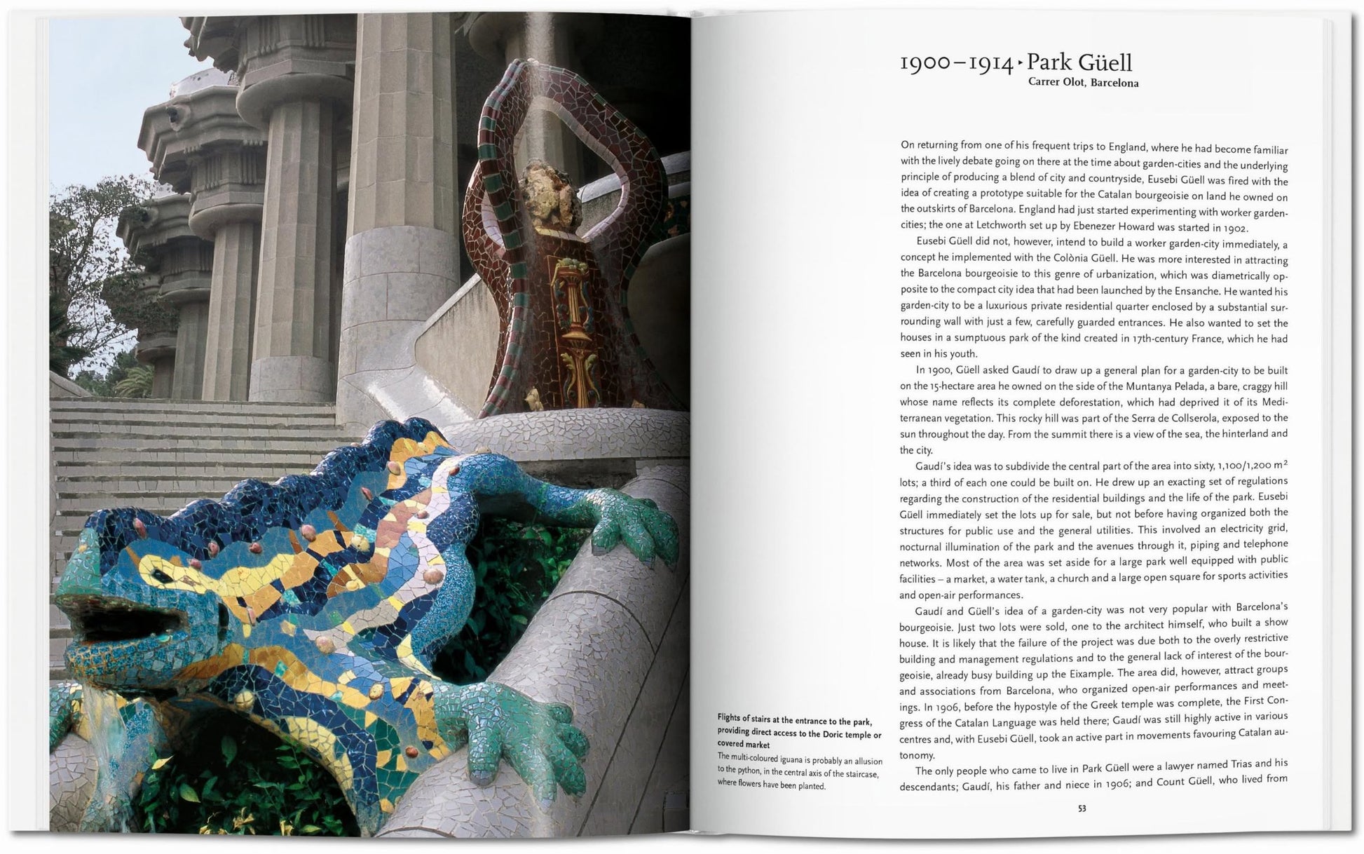 A photo of Park Güell’s vibrant mosaic lizard appears beside an open TASCHEN Gaudí book, highlighting Antoni Gaudí’s visionary work in Barcelona with curving stone railings and a tiled pillar in the background.