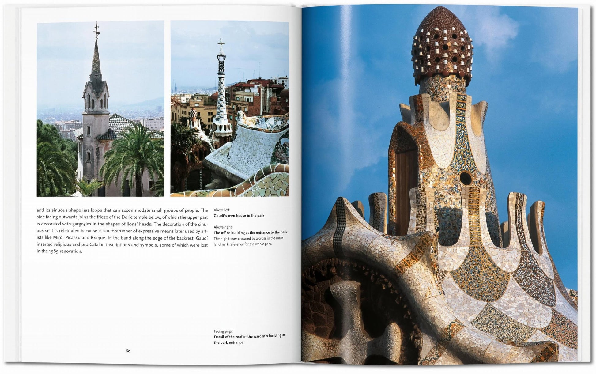 An open TASCHEN Gaudí book from TASCHEN shows Park Güell photos, detailed captions on the left, and a large tower image on the right—highlighting Antoni Gaudí’s mosaic-covered designs and colorful tilework.