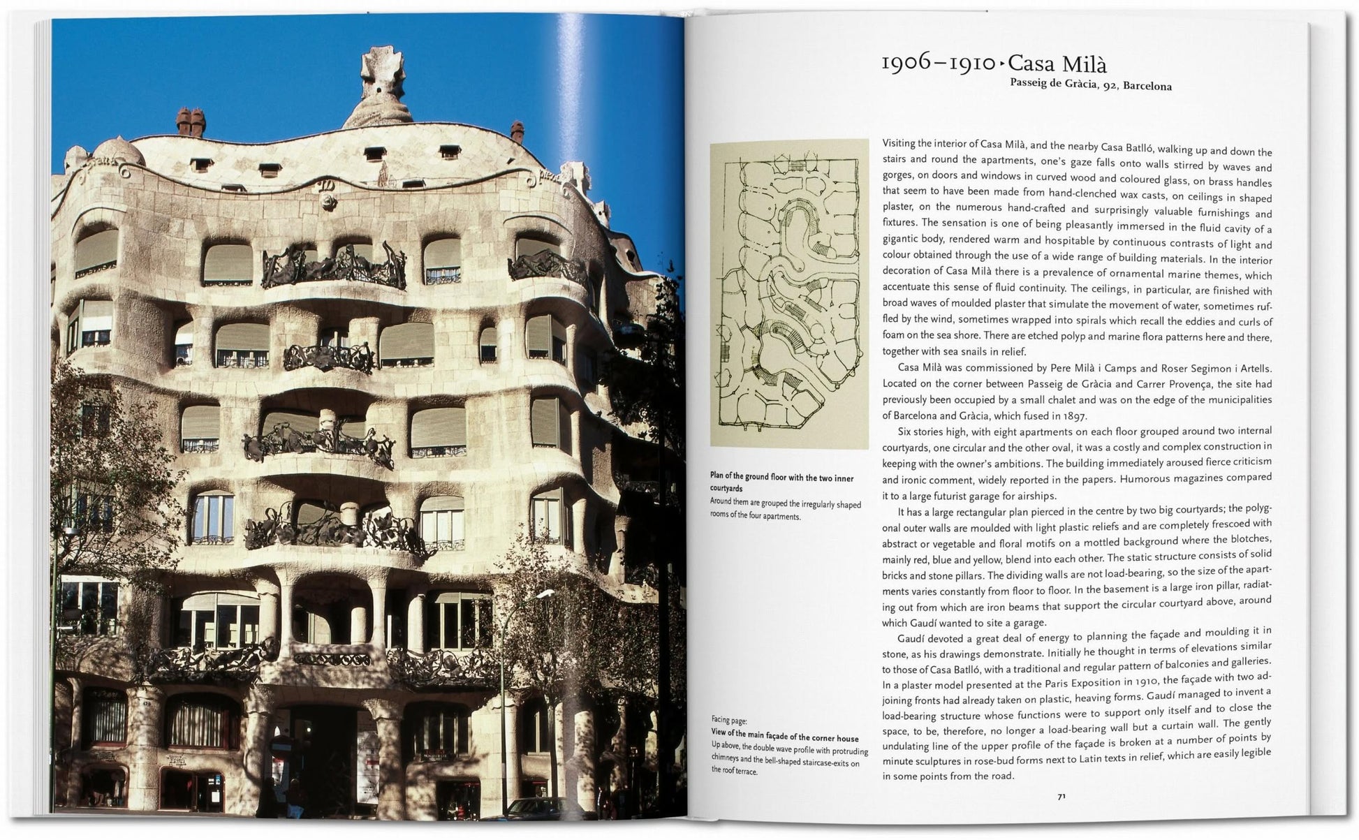 An open spread of TASCHEN Gaudí by TASCHEN displays a photo of Casa Milà’s wavy stone facade with wrought-iron balconies on the left and informative text plus a small architectural sketch on the right.