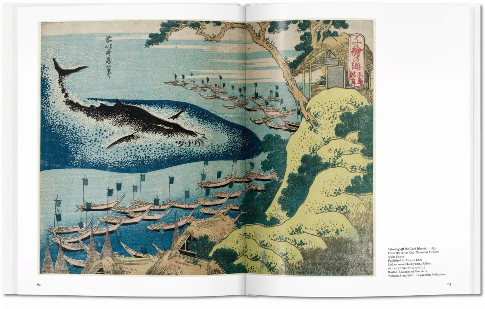 The TASCHEN Hokusai by TASCHEN features a woodblock print of fishermen in boats encircling a whale near a wooded shore and mountains, all displayed in an open book showcasing this exceptional Japanese artwork.