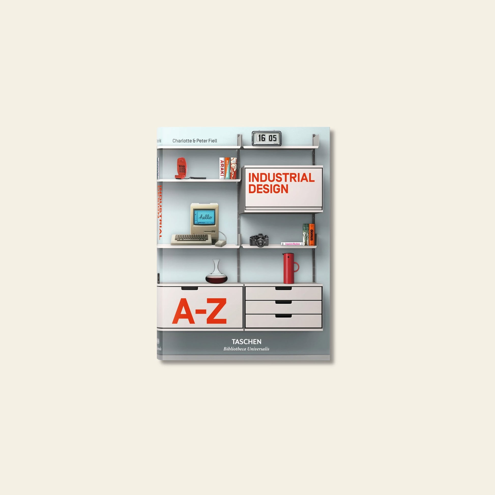 The TASCHEN Industrial Design A-Z book cover features shelves with innovative products—a typewriter, clock, rotary phone, camera, radio, and red kettle—set on a light background. Authored by noted designers Charlotte and Peter Fiell.