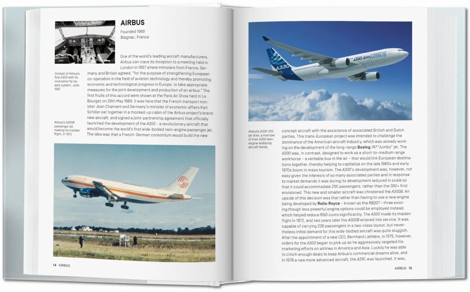 An open book from TASCHEN Industrial Design A-Z by TASCHEN displays text on Airbus, a cockpit photo, a China Southern Airbus A300 on the runway, and an Airbus A330 in flight—showcasing industrial design and iconic products.