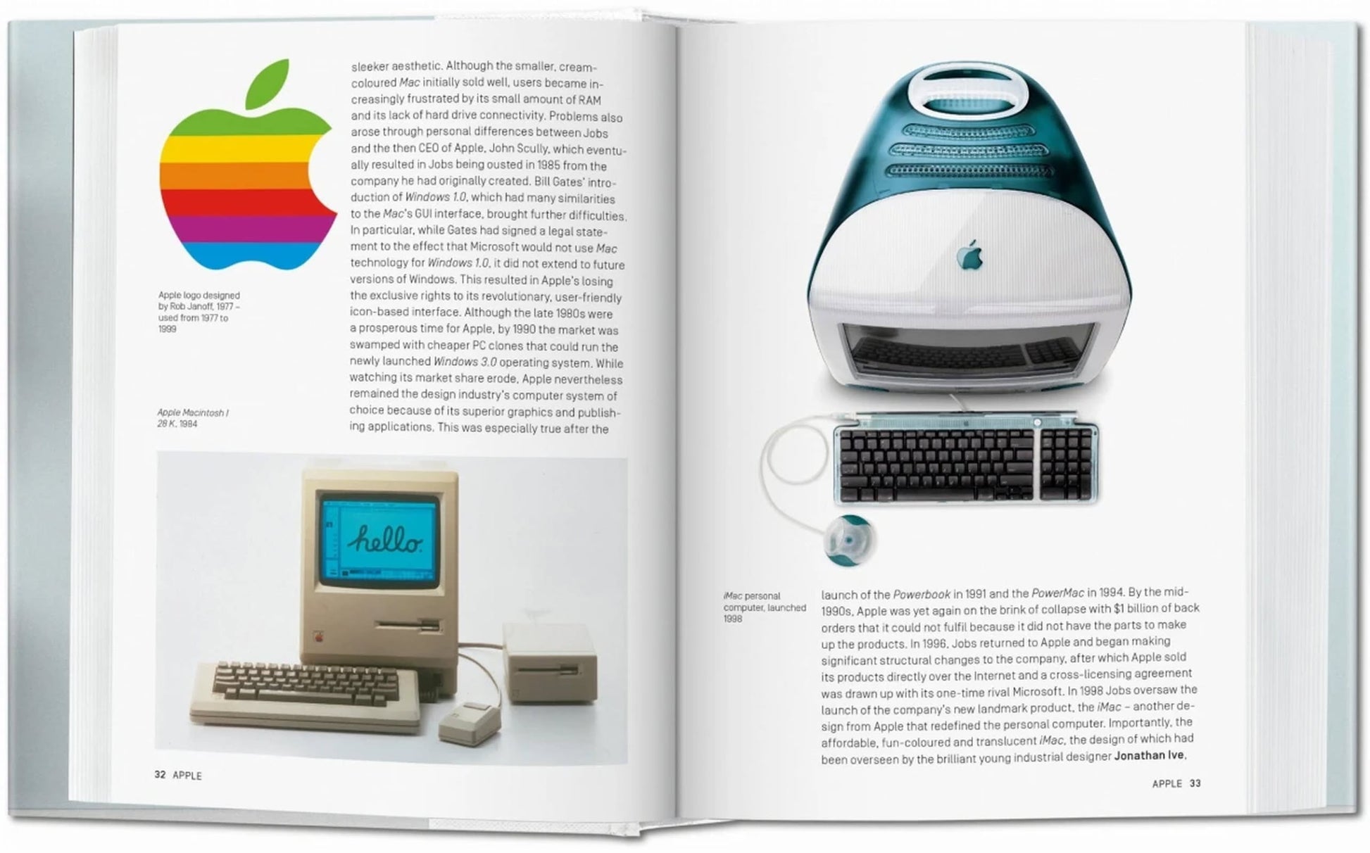 An open book, TASCHEN Industrial Design A-Z by TASCHEN, displays pages featuring the colorful Apple logo, vintage Macintosh, and blue-and-white iMac G3—highlighting Apple’s iconic products and industrial design legacy.