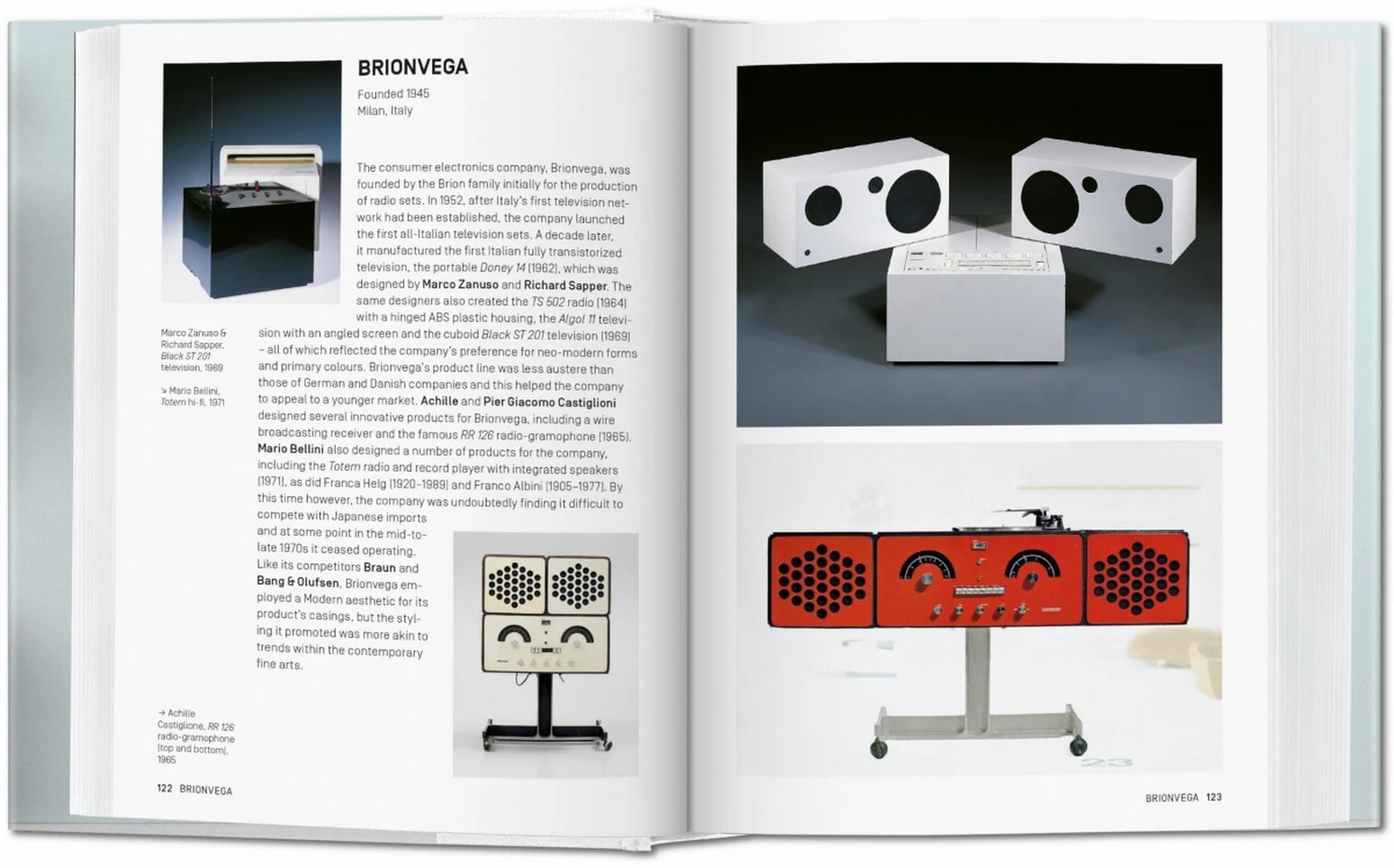 A crisp white spread from TASCHENs Industrial Design A-Z shows text on Brionvega’s designers (left) and four photos of vintage white and red radios and speakers (right). Brand: TASCHEN.