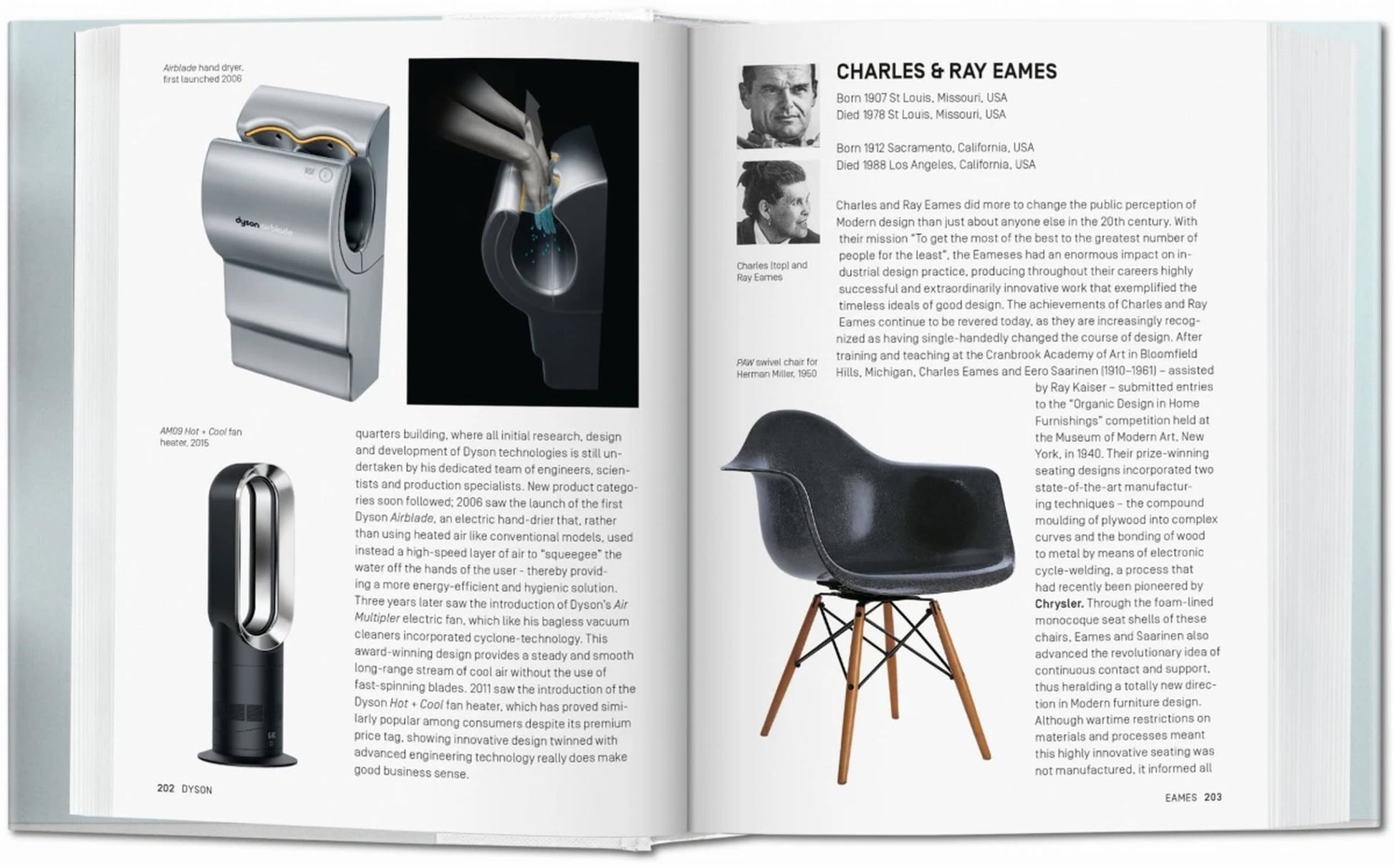 An open TASCHEN Industrial Design A-Z book displays influential designers. The left page shows innovative products like a modern hand dryer and bladeless fan, while the right highlights a molded black chair with wooden legs and a designer’s portrait.