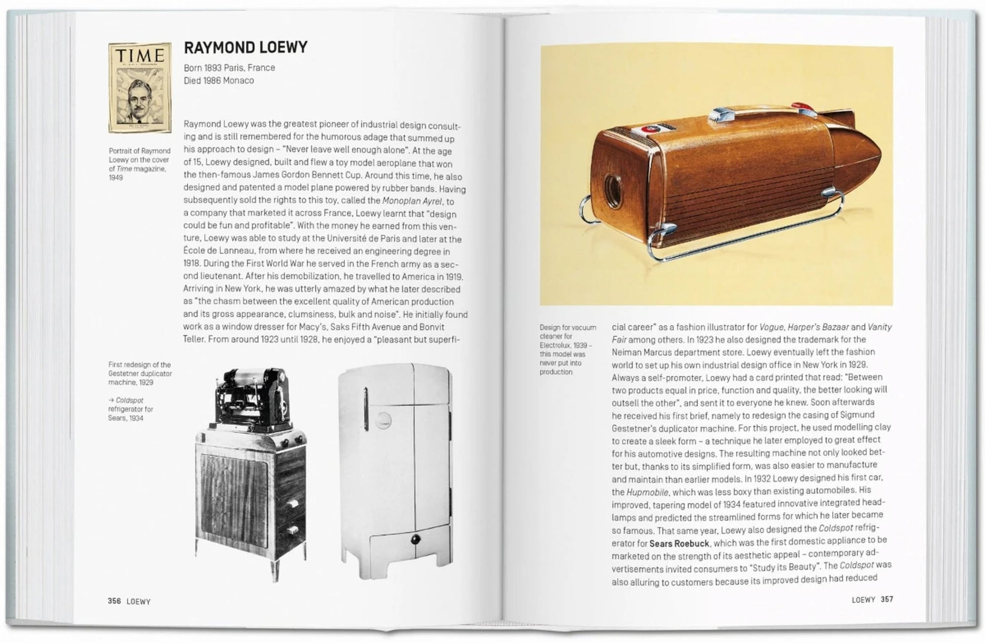 An open spread of TASCHEN Industrial Design A-Z by TASCHEN features two pages on Raymond Loewy, showcasing text, his photo, images of vintage appliances, and a brown bullet-shaped object on the right page.