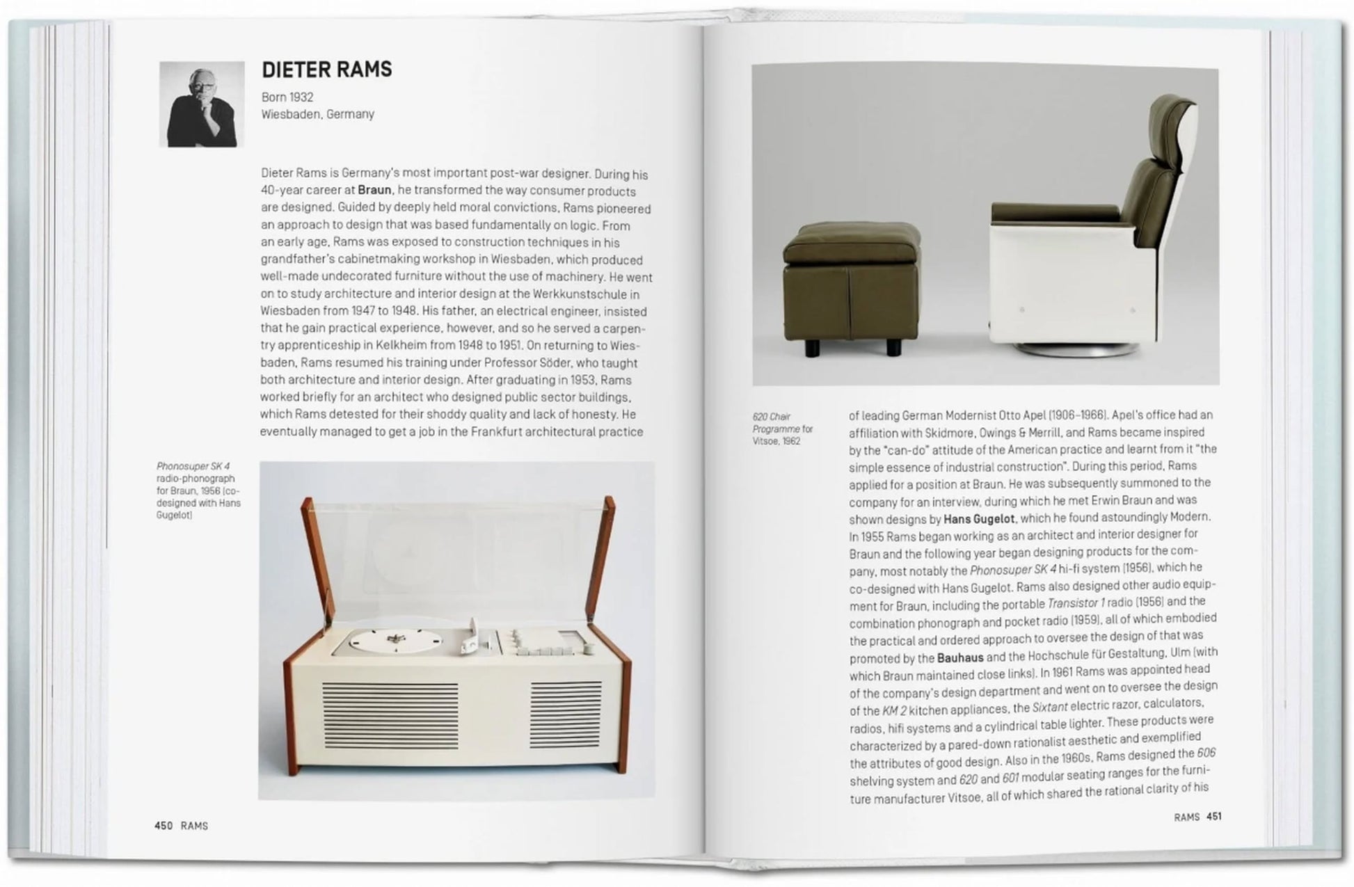 An open TASCHEN Industrial Design A-Z book displays a Dieter Rams profile. The left page shows text plus an image of a white audio system with a wood lid; the right presents more text and two minimalist furniture pieces.