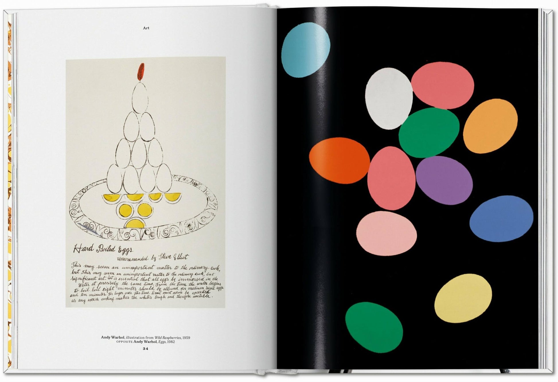 TASCHEN The Gourmand’s Egg: A Collection of Stories and Recipes features an open spread with a drawing of stacked eggs, handwritten recipes on the left, and vibrant ovals on a black background—beautifully merging food and art.