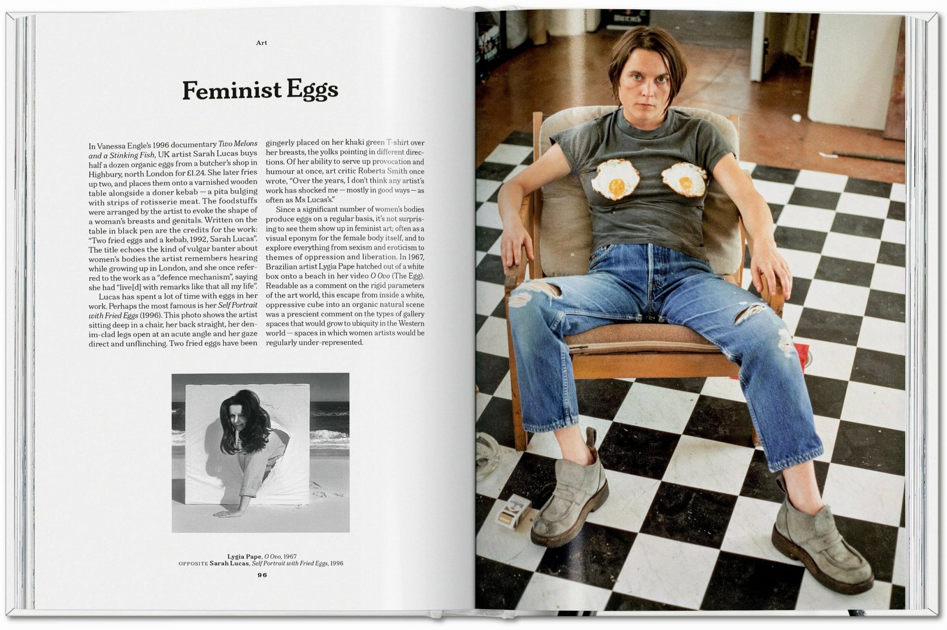A spread from TASCHEN The Gourmand’s Egg: A Collection of Stories and Recipes features a left page titled Feminist Eggs with a black-and-white photo and a right page showing someone in jeans and an egg-themed t-shirt.