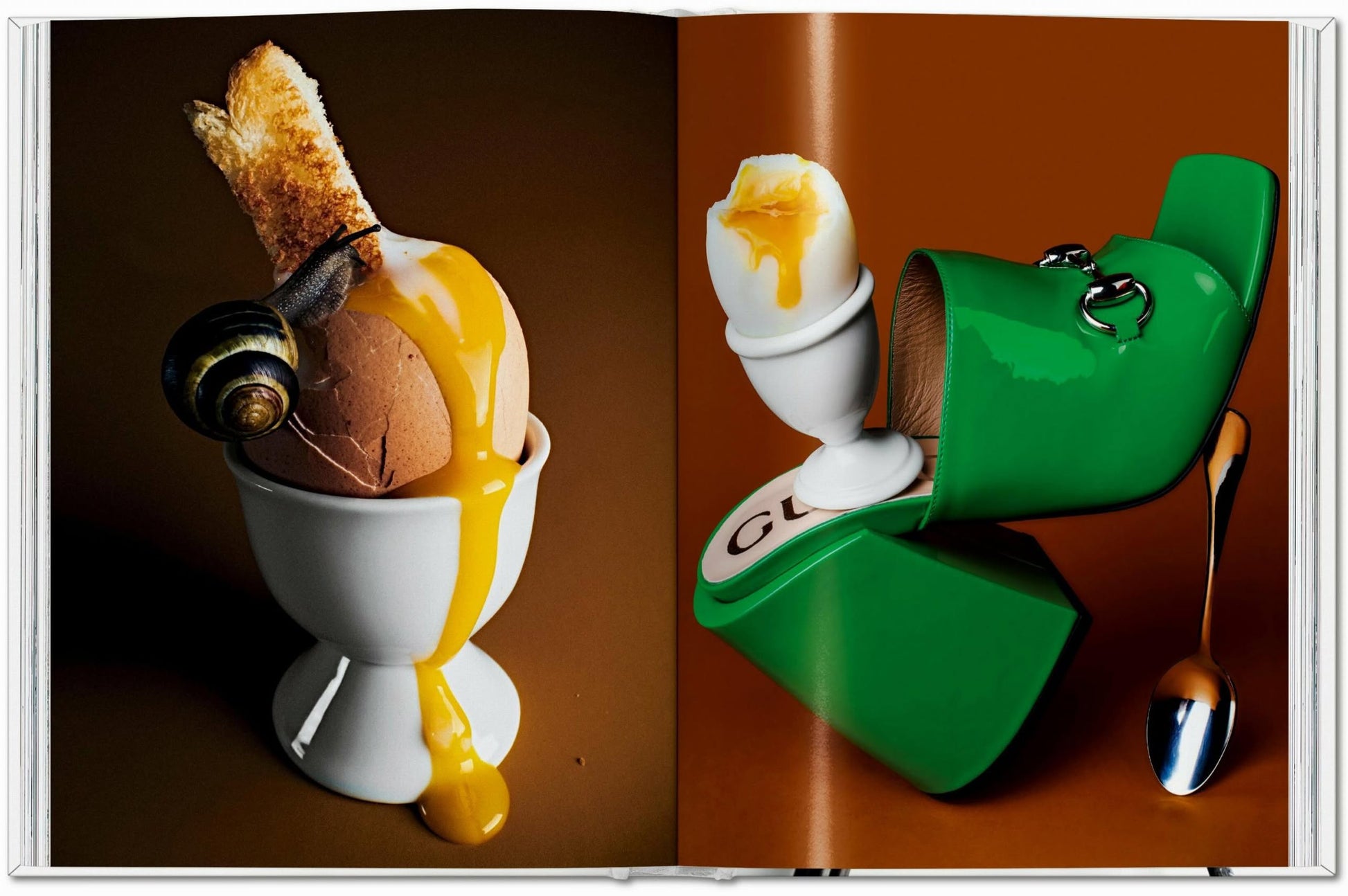 A split image: Left, a soft-boiled egg with toast and snail, yolk spilling; right, a green Gucci shoe cradles an egg. For TASCHEN The Gourmand’s Egg: A Collection of Stories and Recipes, food and art blend in inventive ways.