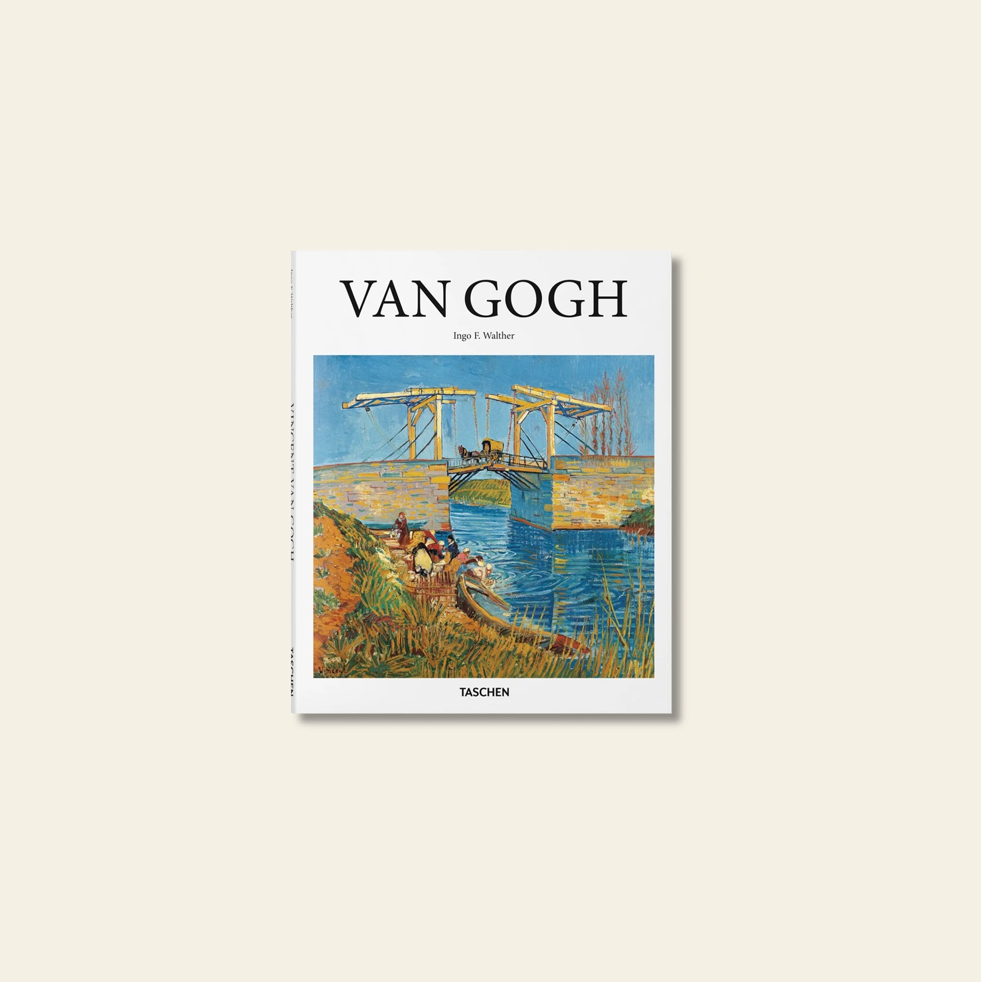 The TASCHEN Van Gogh book cover features an iconic painting of a drawbridge over a canal with figures and a cart, reflecting Vincent van Gogh’s post-Impressionism style. Published by TASCHEN.
