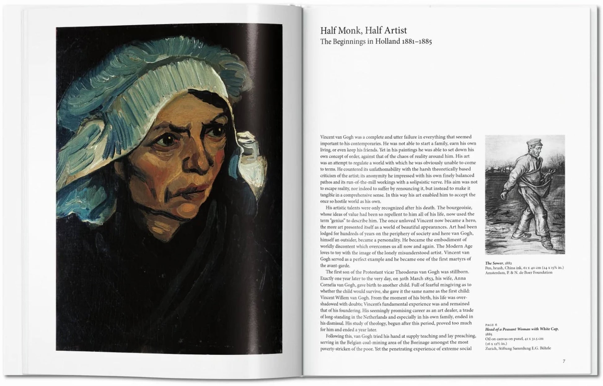 The TASCHEN Van Gogh book by TASCHEN displays a famous portrait of a woman in a white headscarf on the left and text with an illustration of a man digging on the right, exploring van Goghs early years in Holland and his post-Impressionist path.