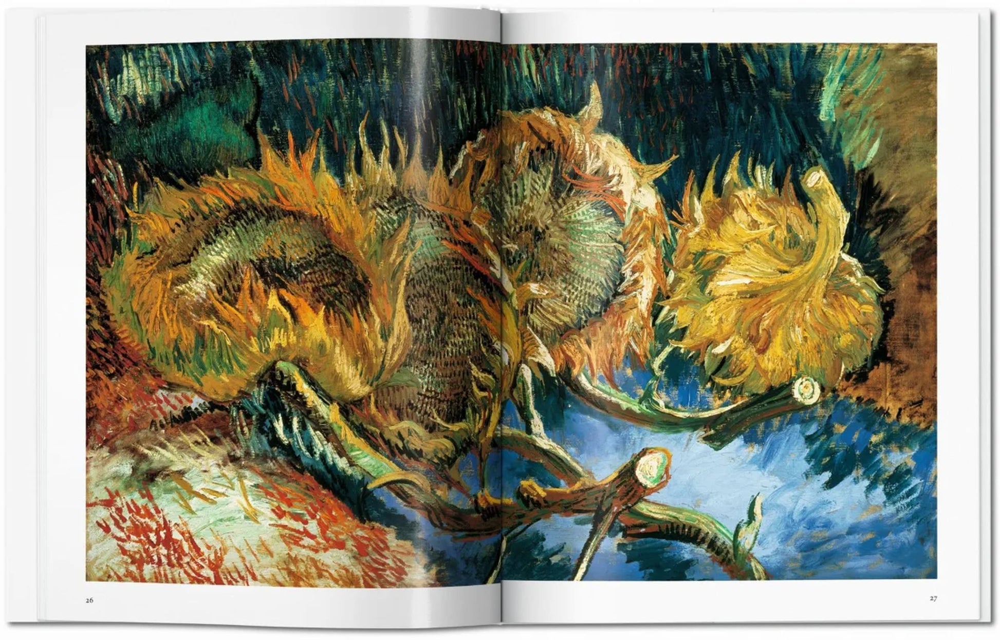 The TASCHEN Van Gogh book by TASCHEN showcases vivid images of sunflowers with expressive brushstrokes and rich colors, capturing the dramatic post-Impressionist style of Vincent van Gogh.