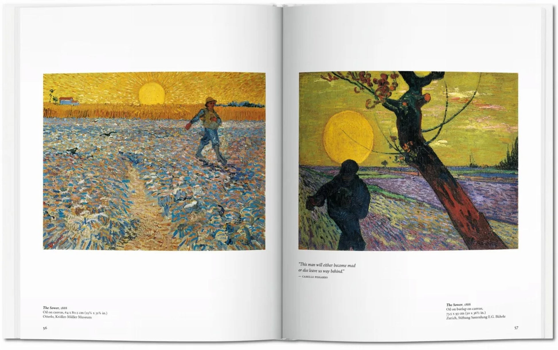 The TASCHEN Van Gogh art book by TASCHEN displays two iconic post-Impressionist paintings of farmers at sunset, with a low bright sun and figures on golden furrowed fields rendered in earthy tones.