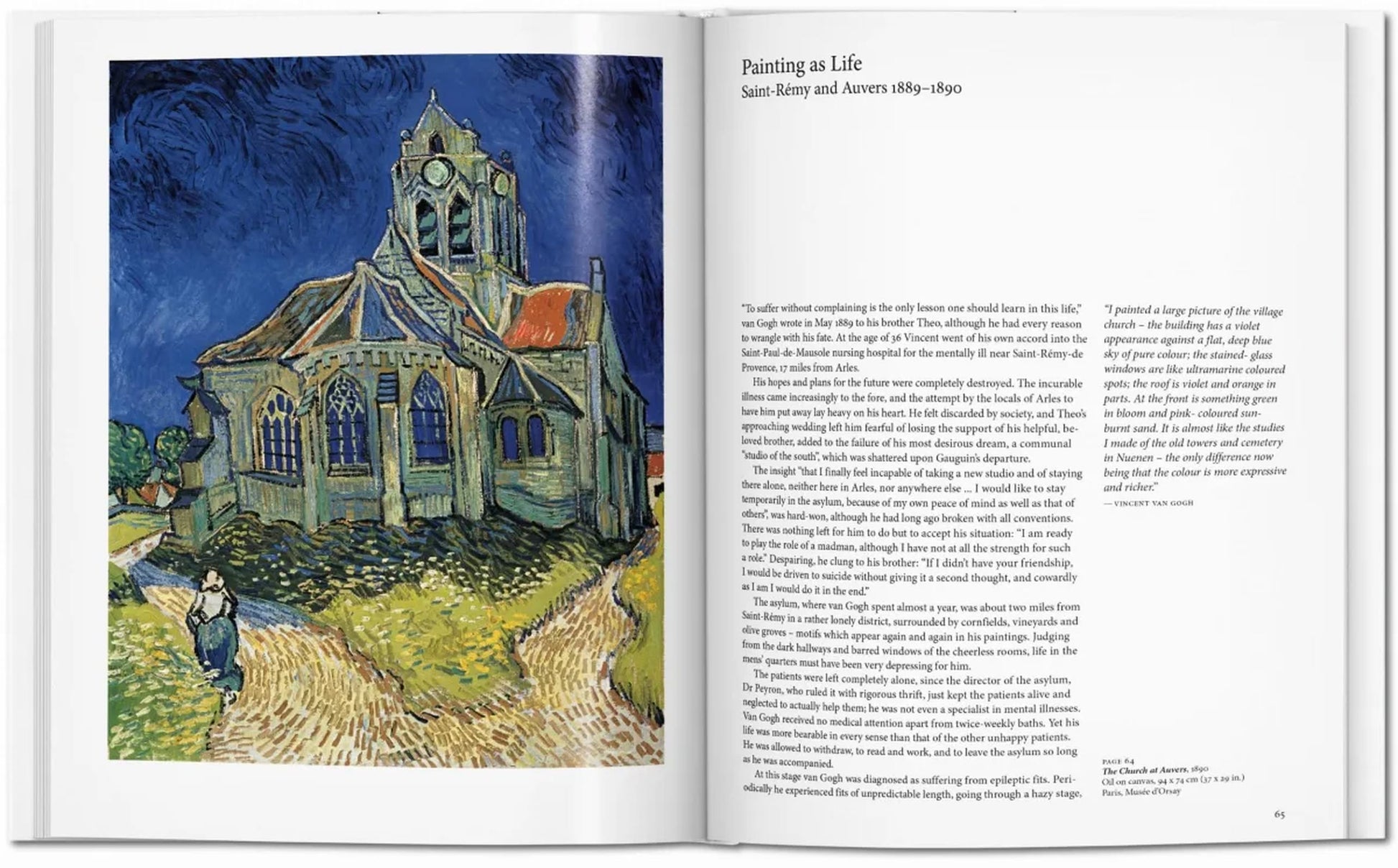 An open TASCHEN Van Gogh book by TASCHEN shows a vibrant blue and green church painting on the left page and text about “Painting as Life” plus Van Gogh’s post-Impressionism masterpieces on the right.